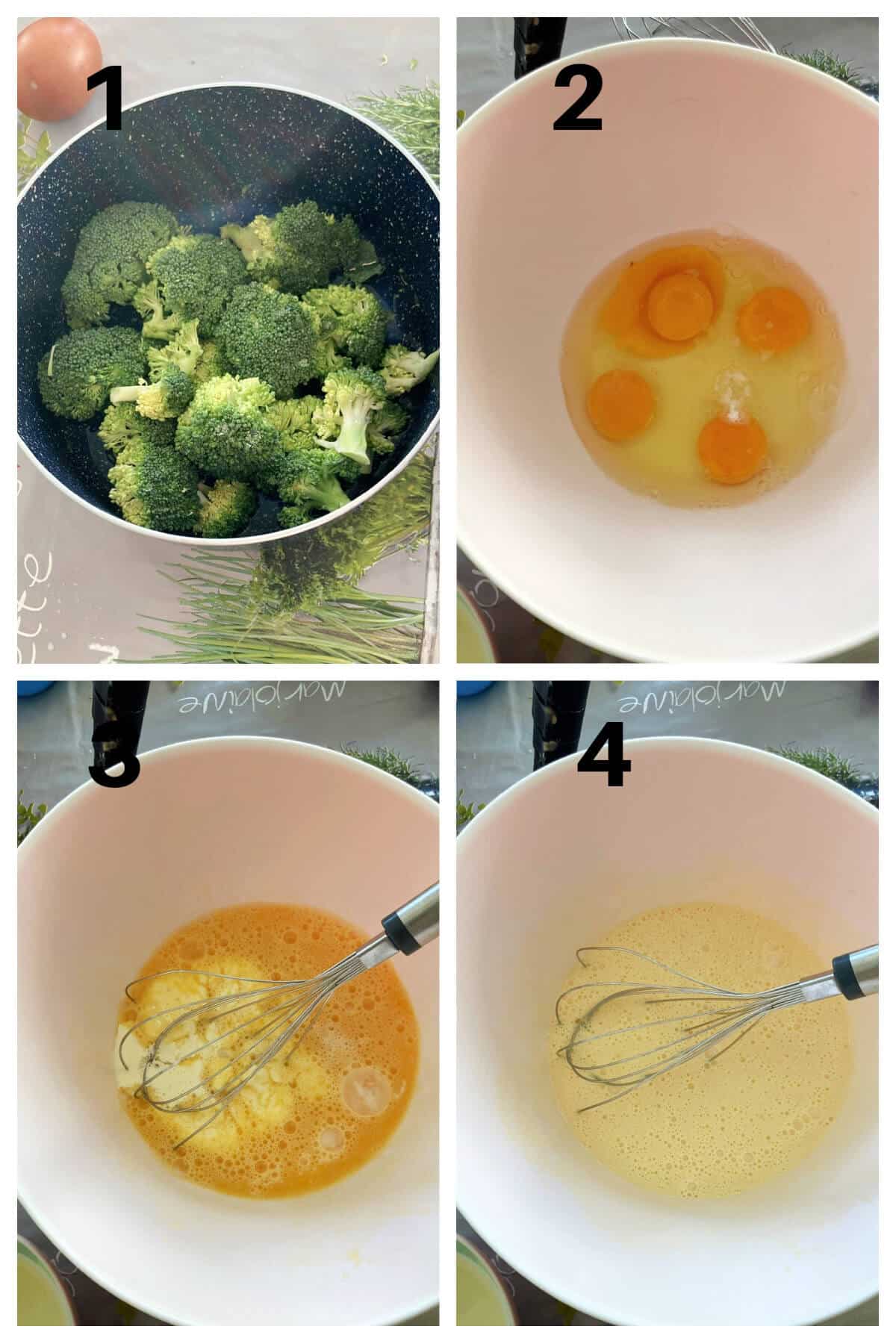 Collage of 4 photos to show how to make crustless quiche.