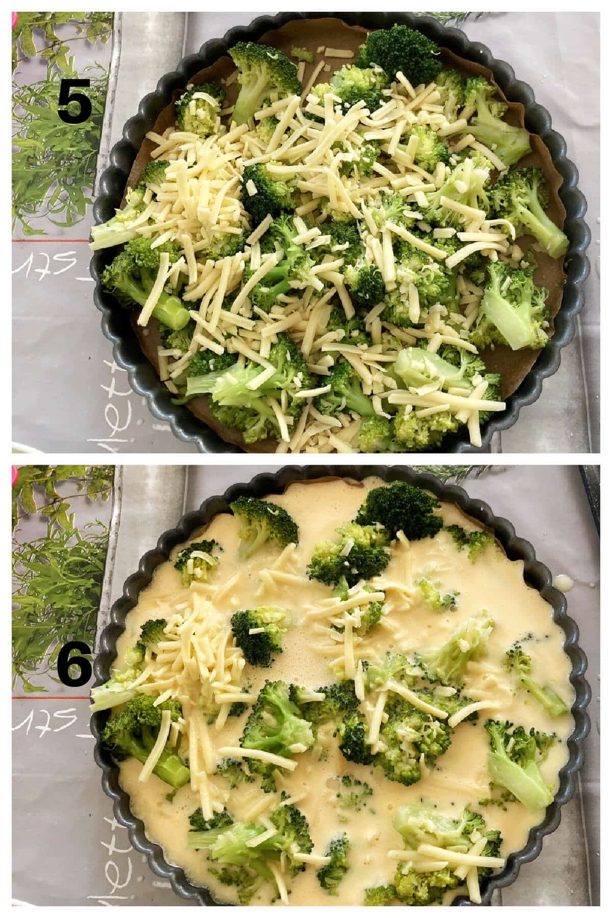 Collage of 2 photos to show how to make crustless quiche.