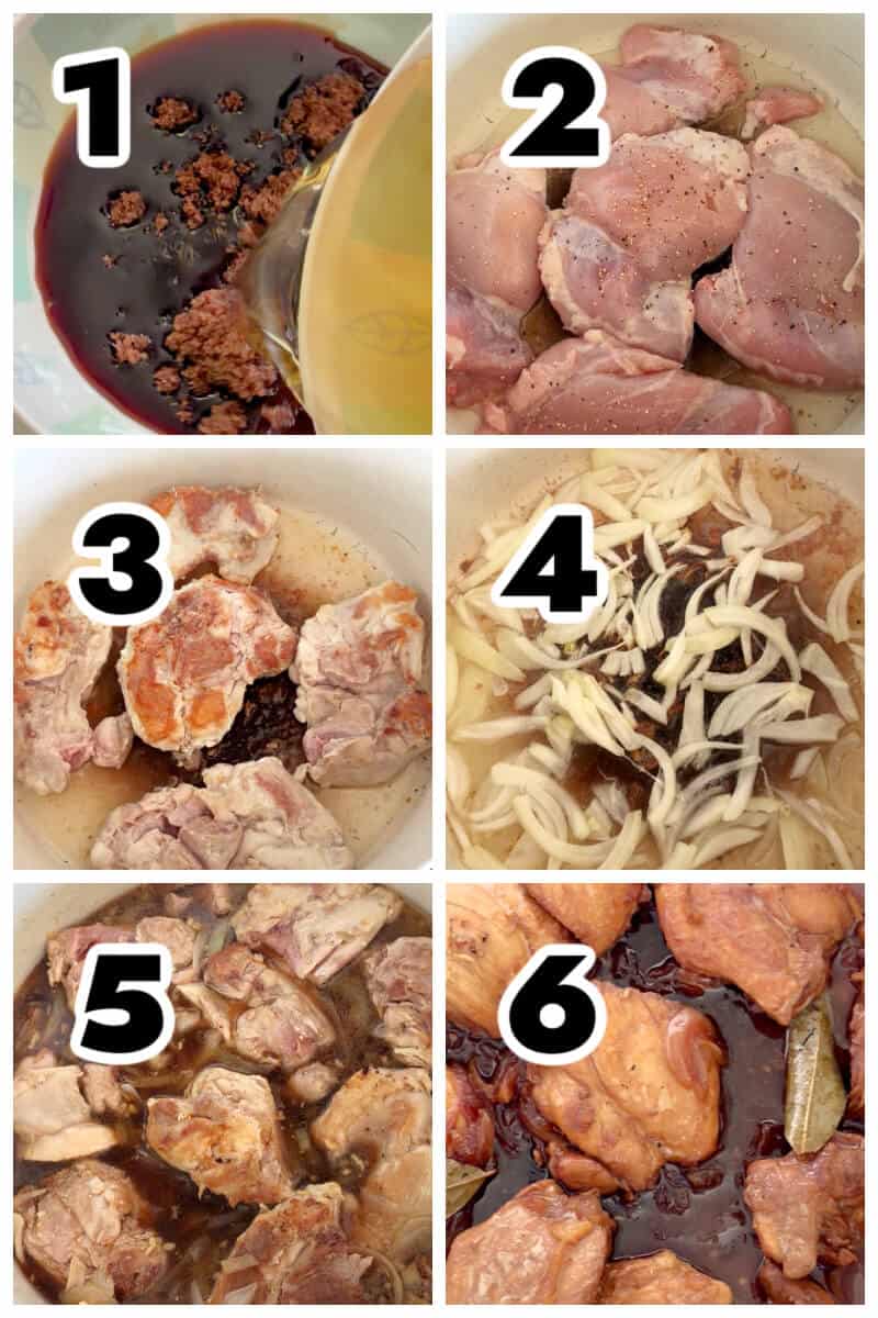 Collage of 6 photos to show how to make chicken adobo.