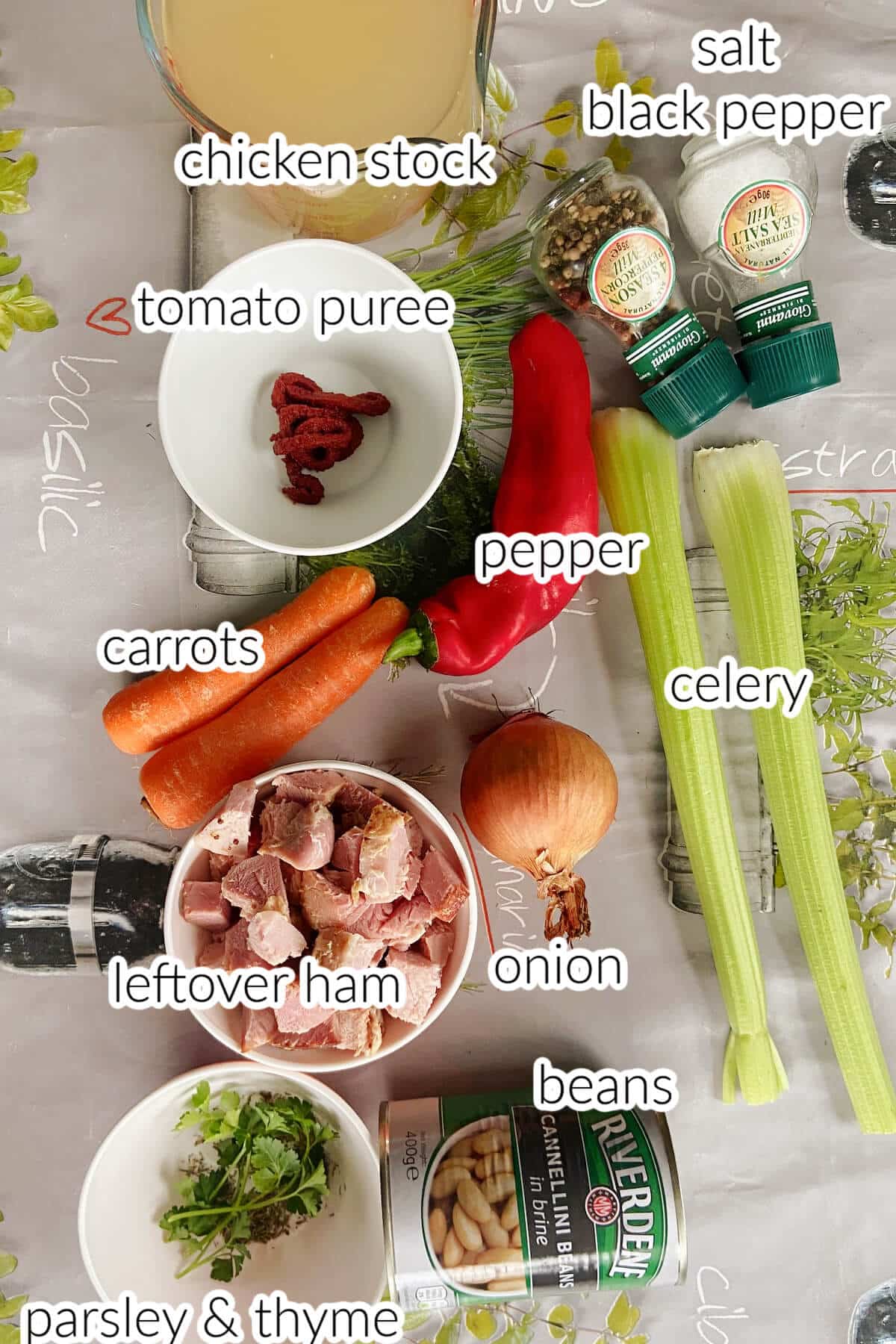 Ingredients needed to make leftover ham and bean soup.