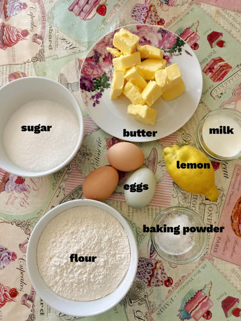Overhead shoot of ingredients needed for lemon and elderflower sponge