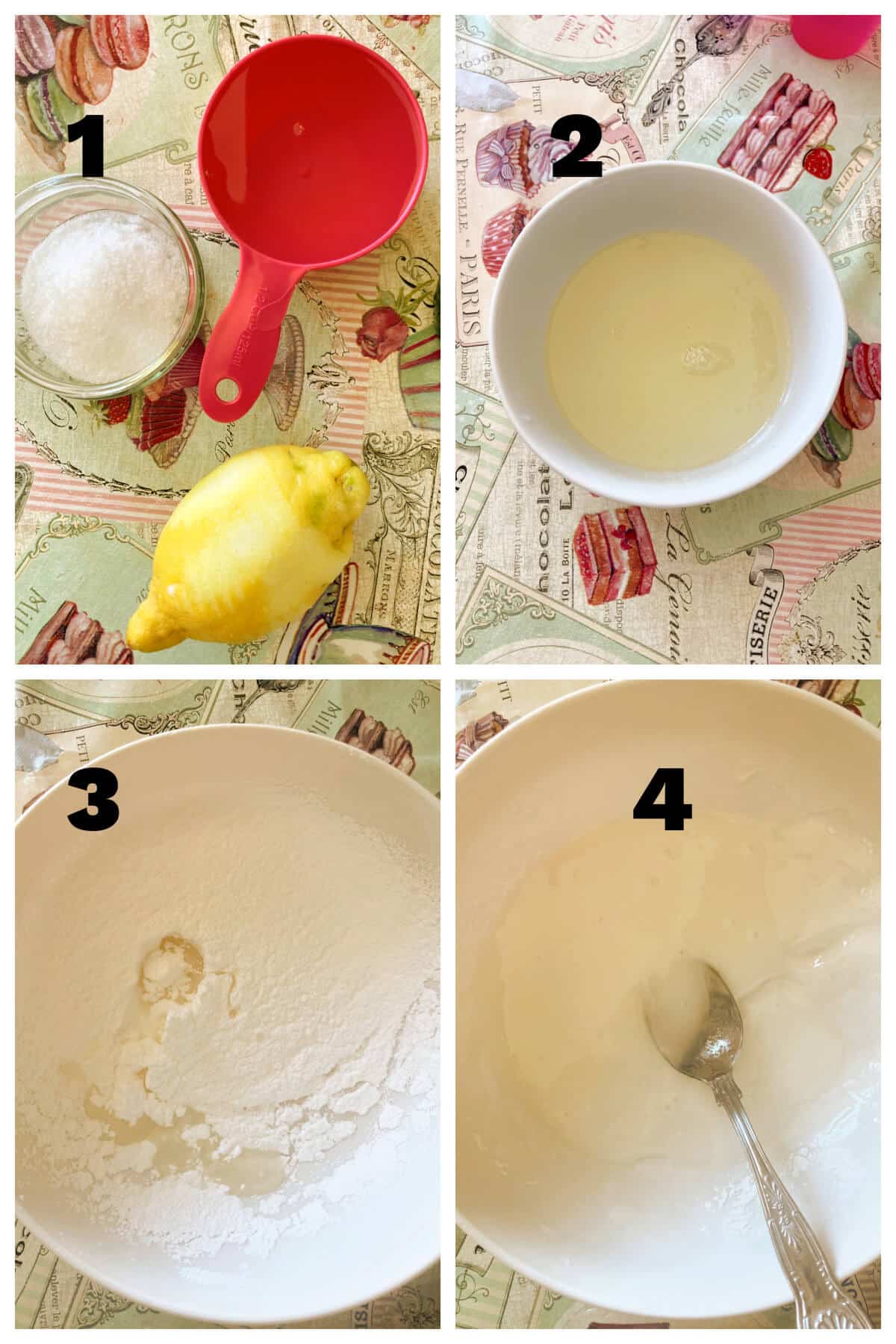 Collage of 4 photos to show how to make the elderflower drizzle and glaze