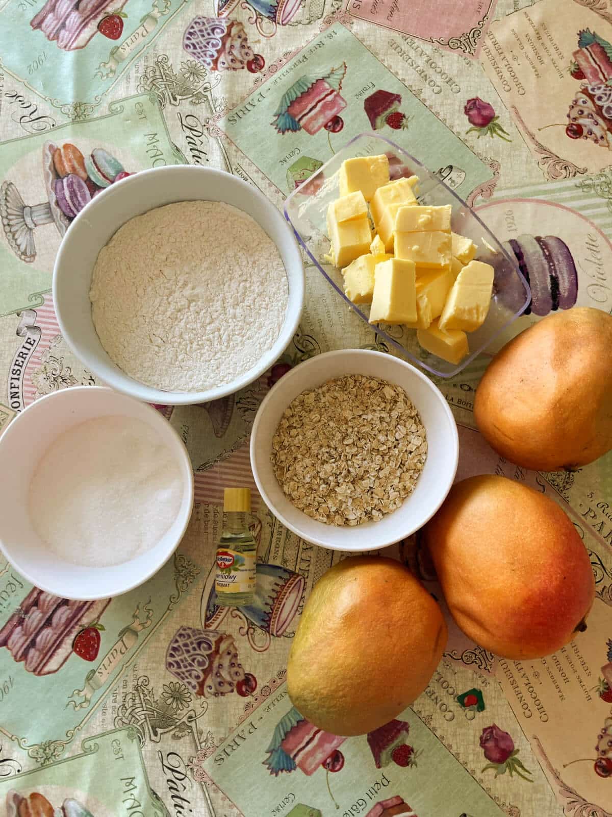 Overhead shoot of ingredients needed to make mango crumble.