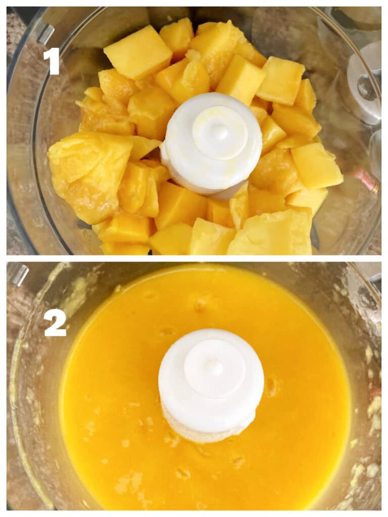Collage of 2 photos to show how to make mango puree