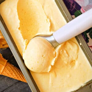 A loaf tin with mango puree and a scooper