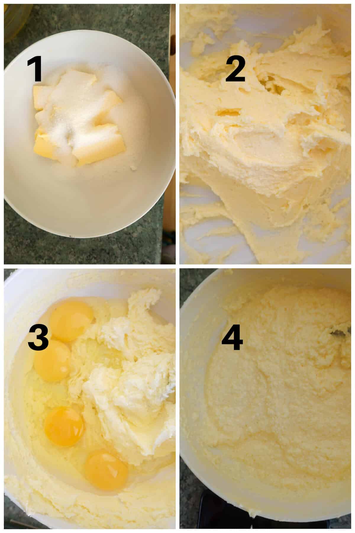 Collage of 4 photos to show how to make Victoria Sponge.