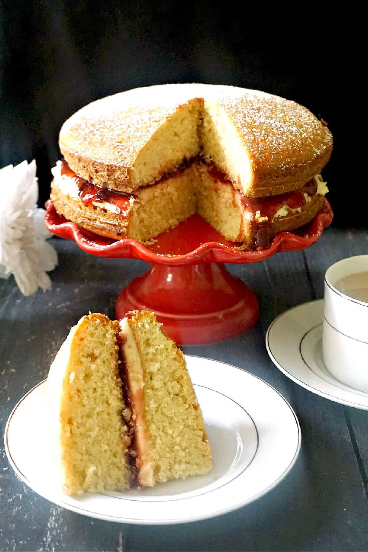 A slice of Victoria sponge on a plate.