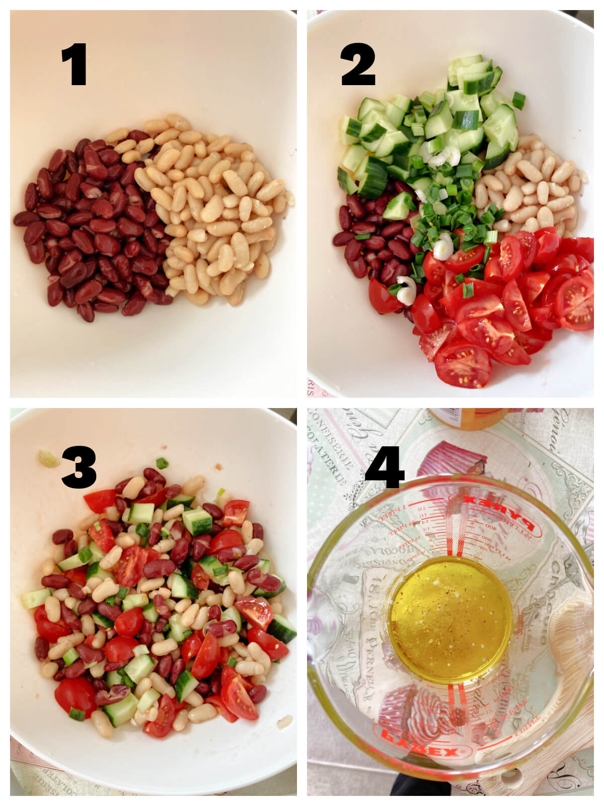 Collage of 4 pictures to show how to make mixed bean salad.