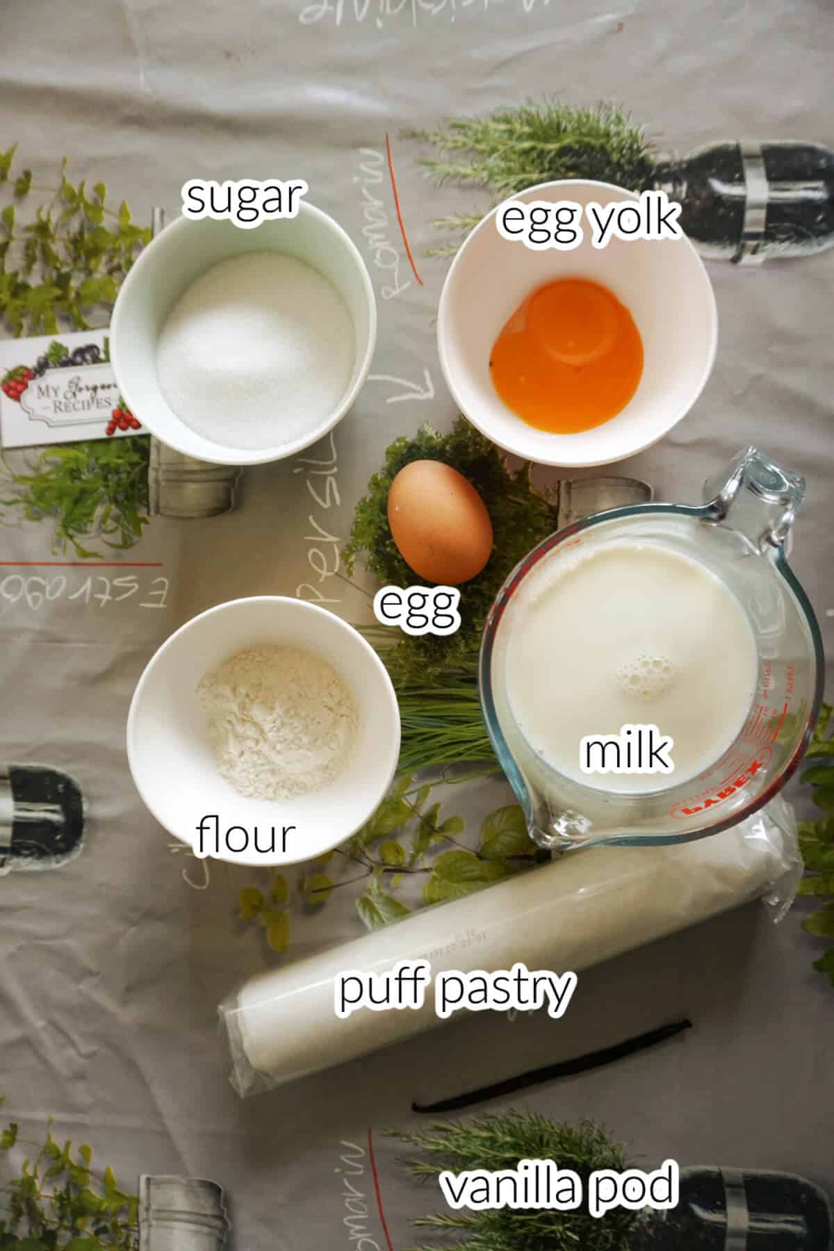 Ingredients needed to make pasteis de nata.