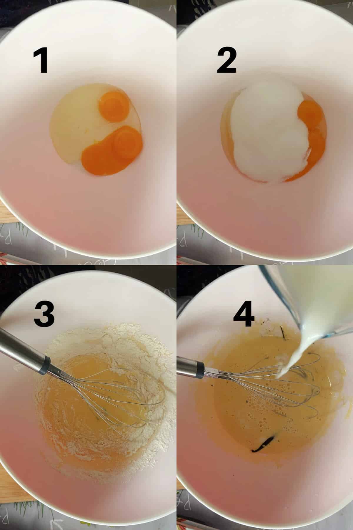 Collage of 4 photos to show how to make pasteis de nata.