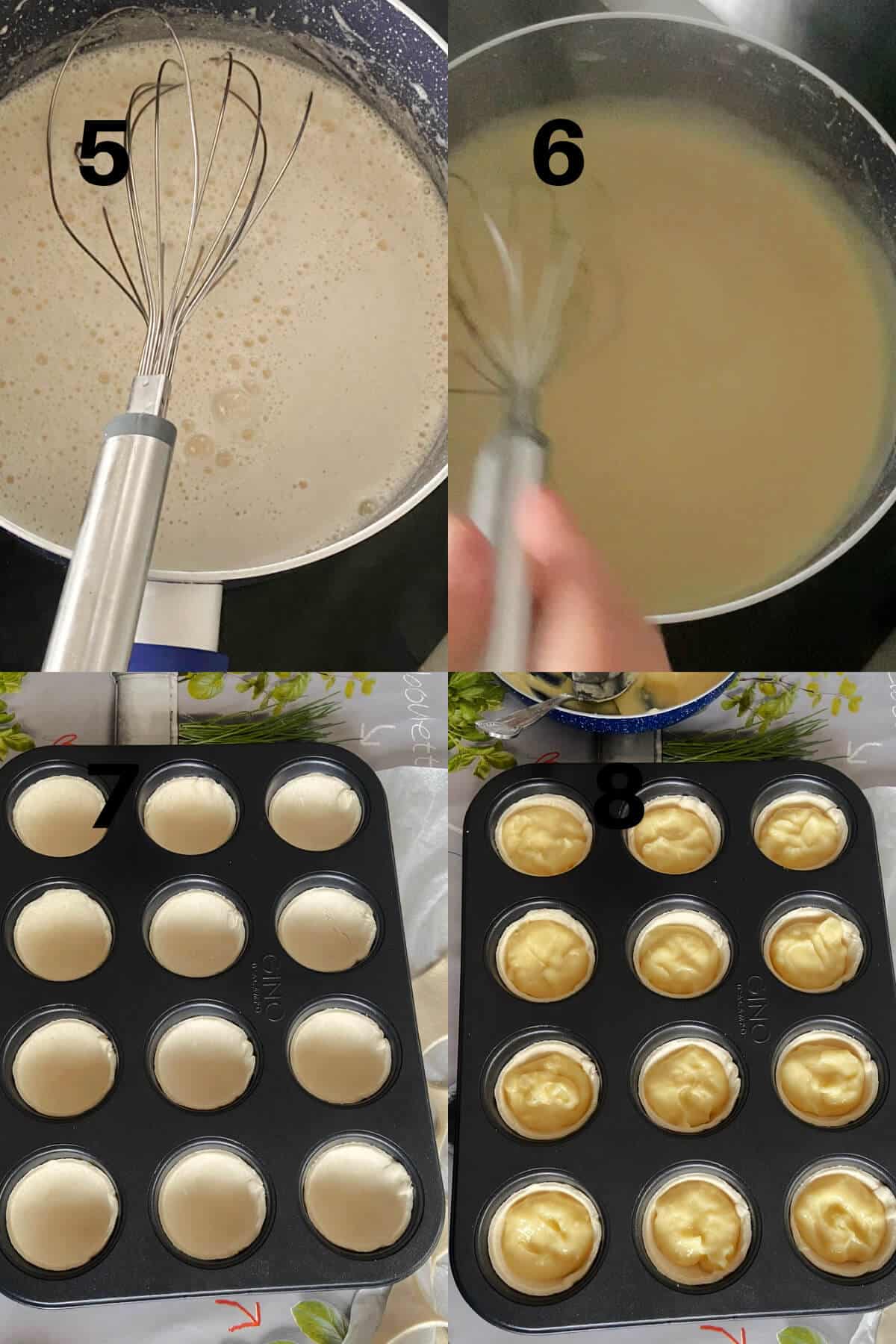 Collage of 4 photos to show how to make pastel de nata.