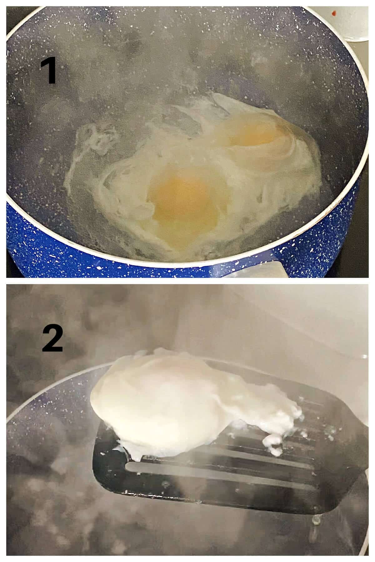 Collage of 2 photos to show how to make poached eggs.