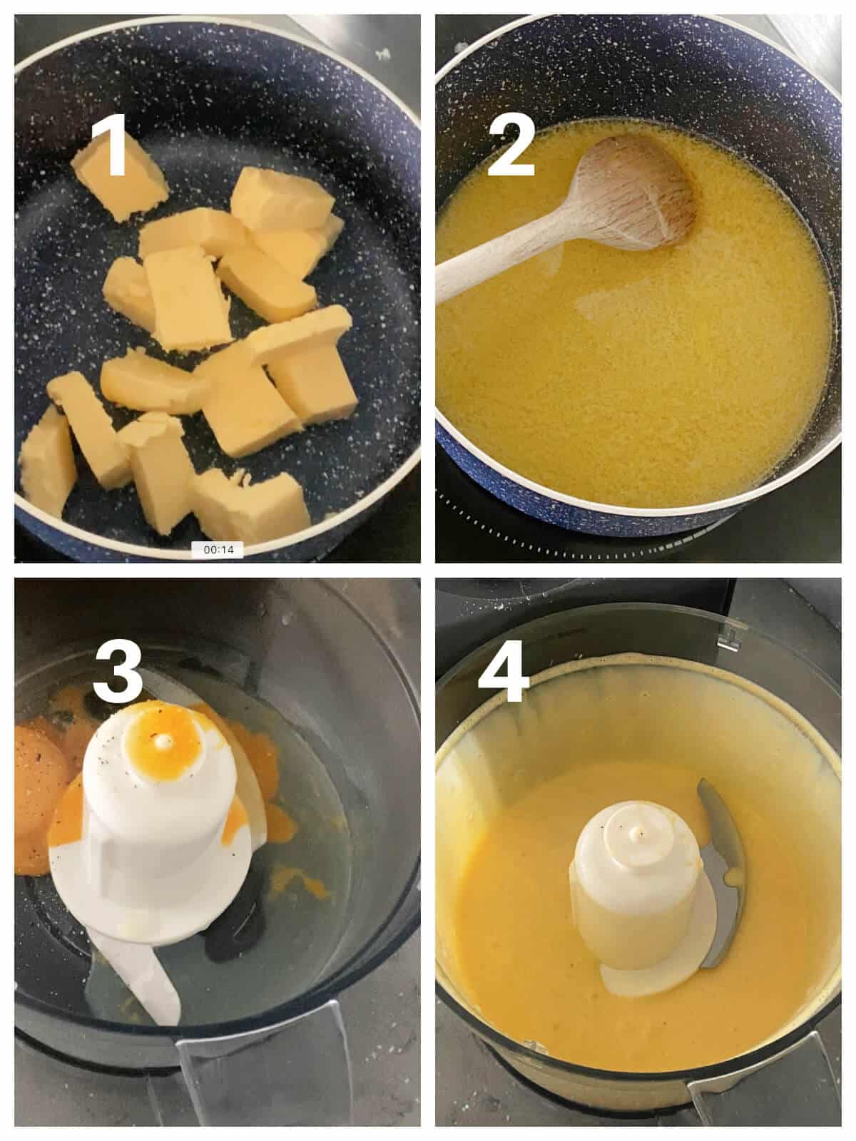 Collage of 4 photos to show how to make hollandaise sauce.