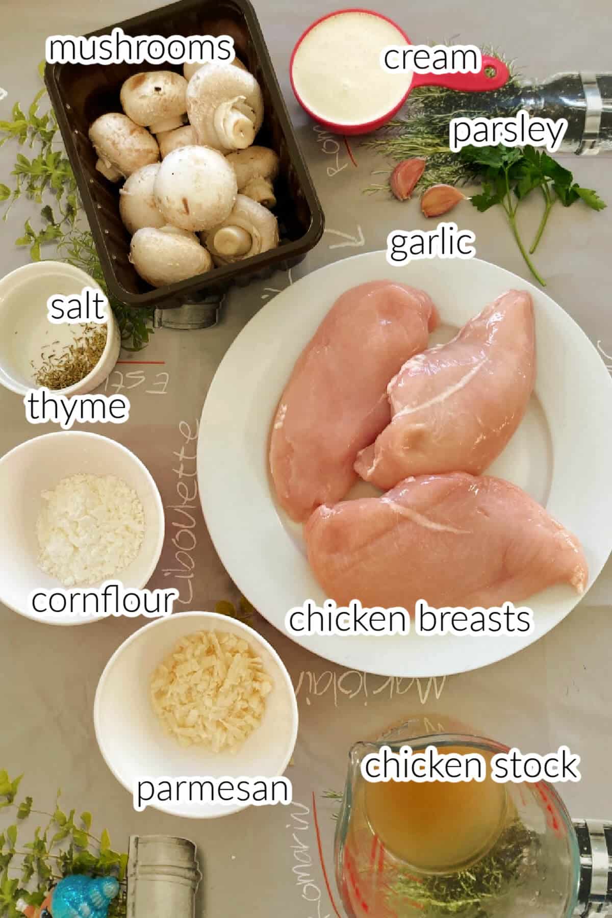 Ingredients needed to make chicken and mushrooms in the slow cooker.