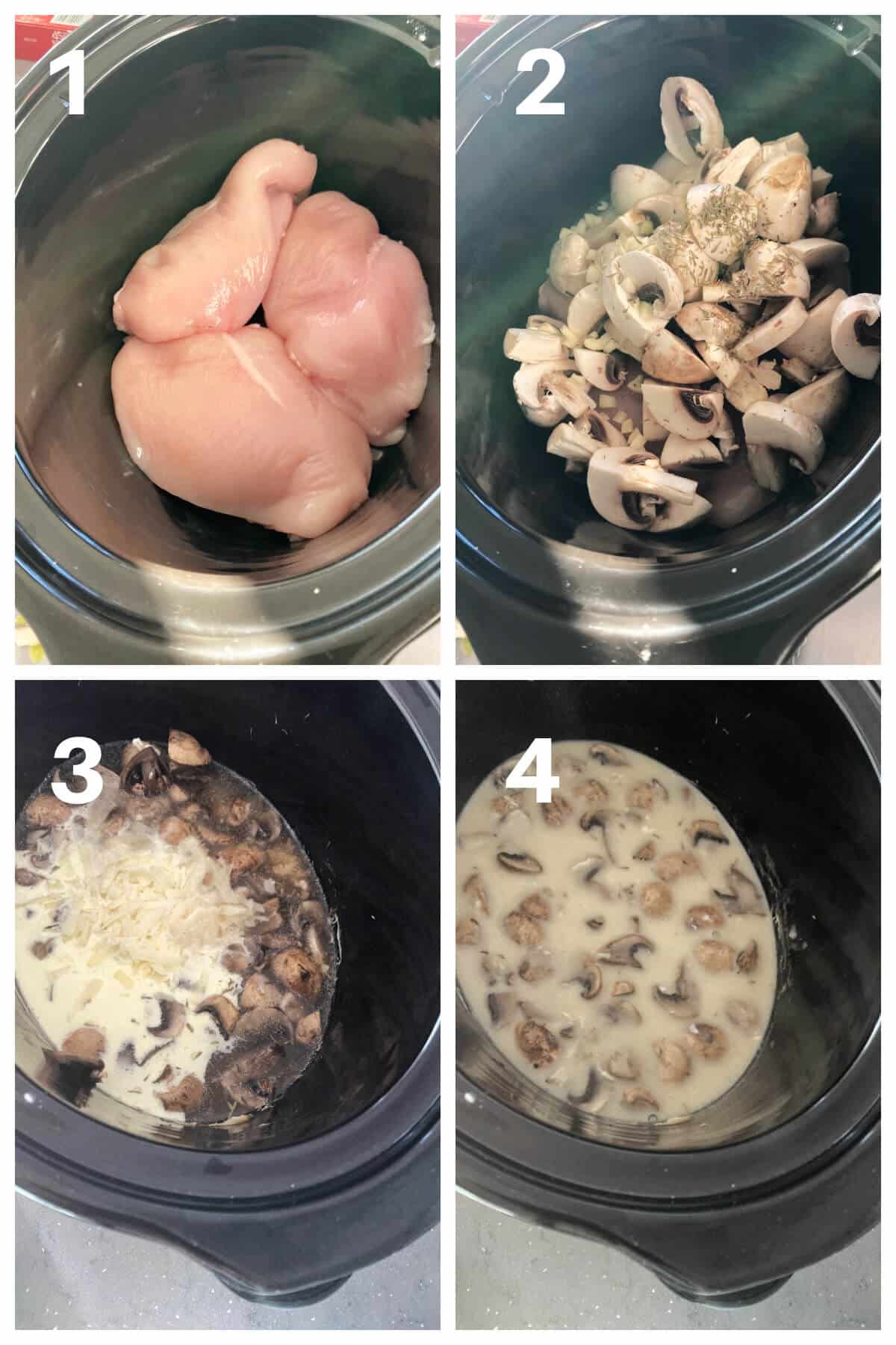 Collage of 4 photos to show how to make chicken in mushroom sauce in the slow cooker.