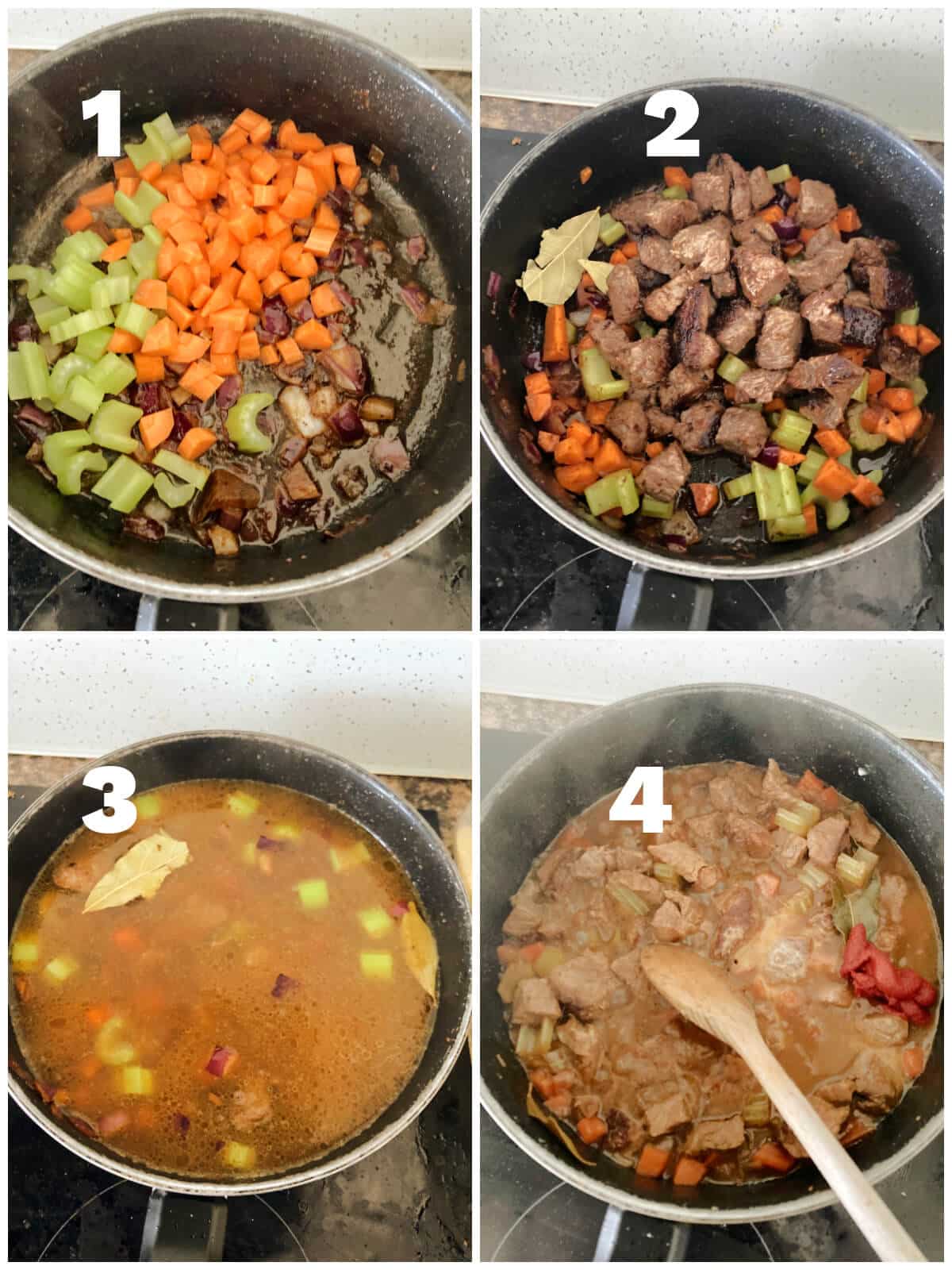 Collage of 4 photos to show how to cook the filling for the steak pie.
