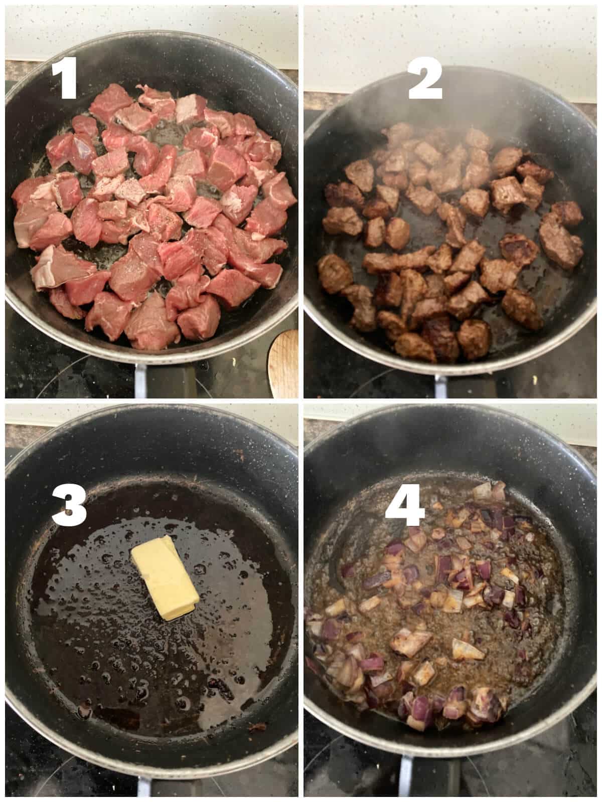 Collage of 4 photos to show how to sear the beef for the pie.