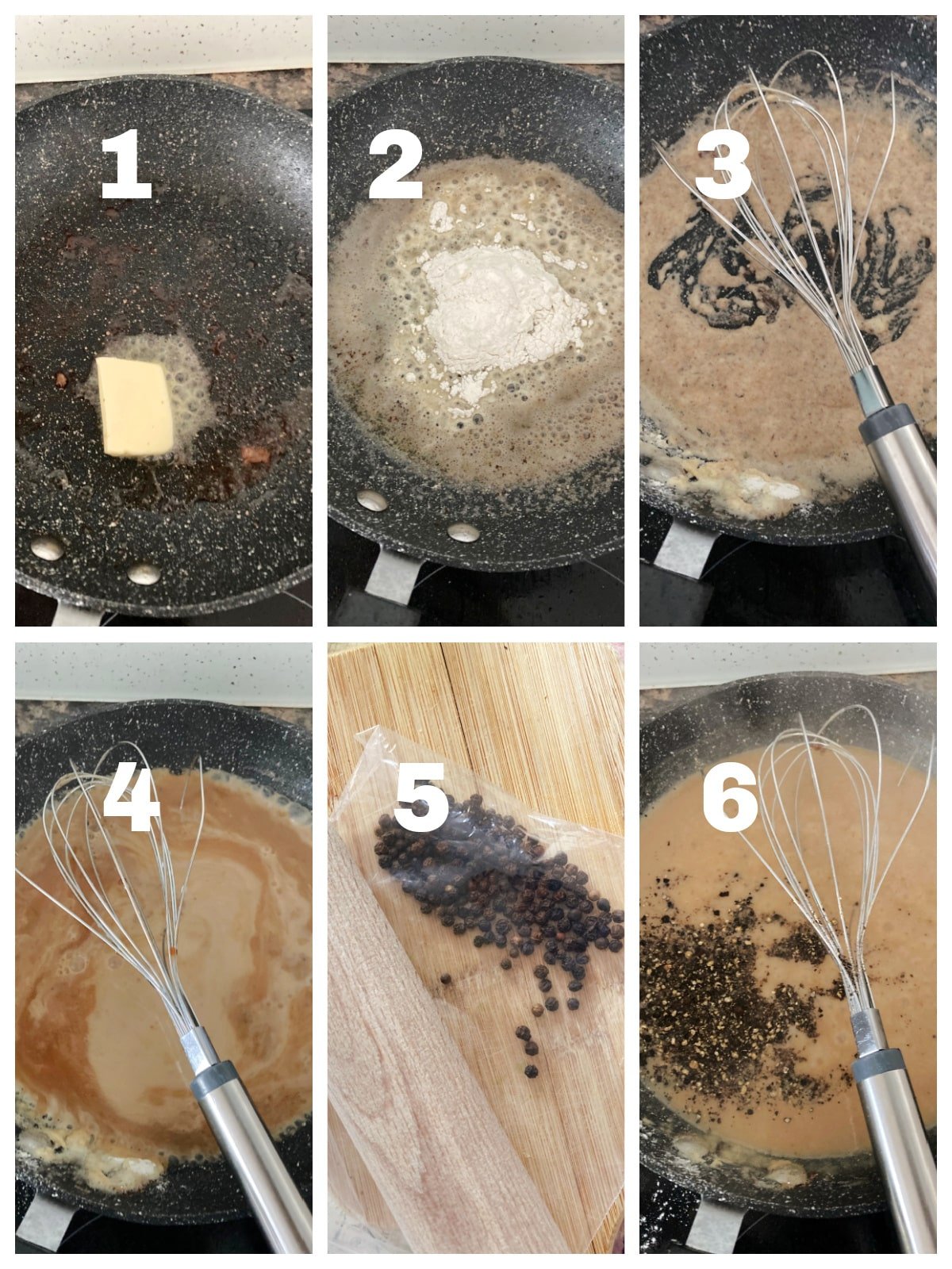 Collage of 6 photos to show how to make peppercorn sauce.