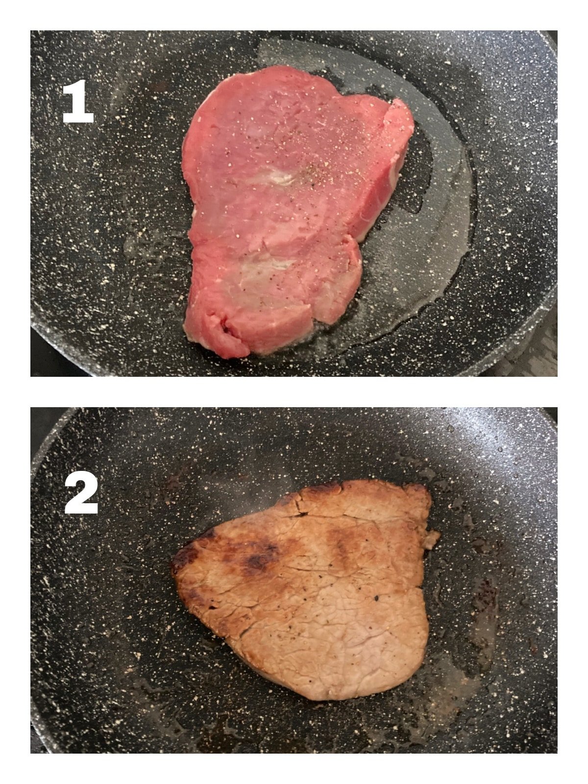 Collage of 2 photos to show how to cook fillet steak.