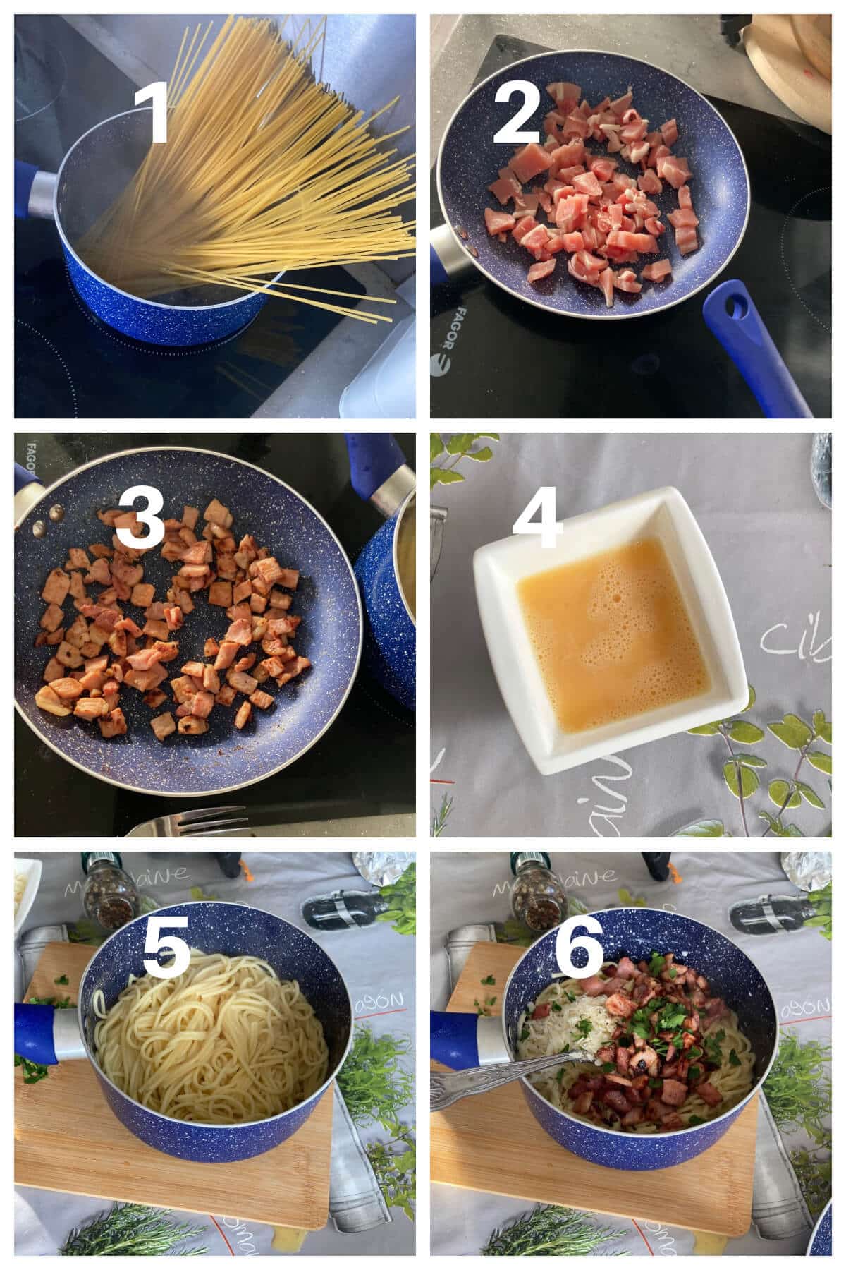 Collage of 6 photos to show how to make bacon carbonara.
