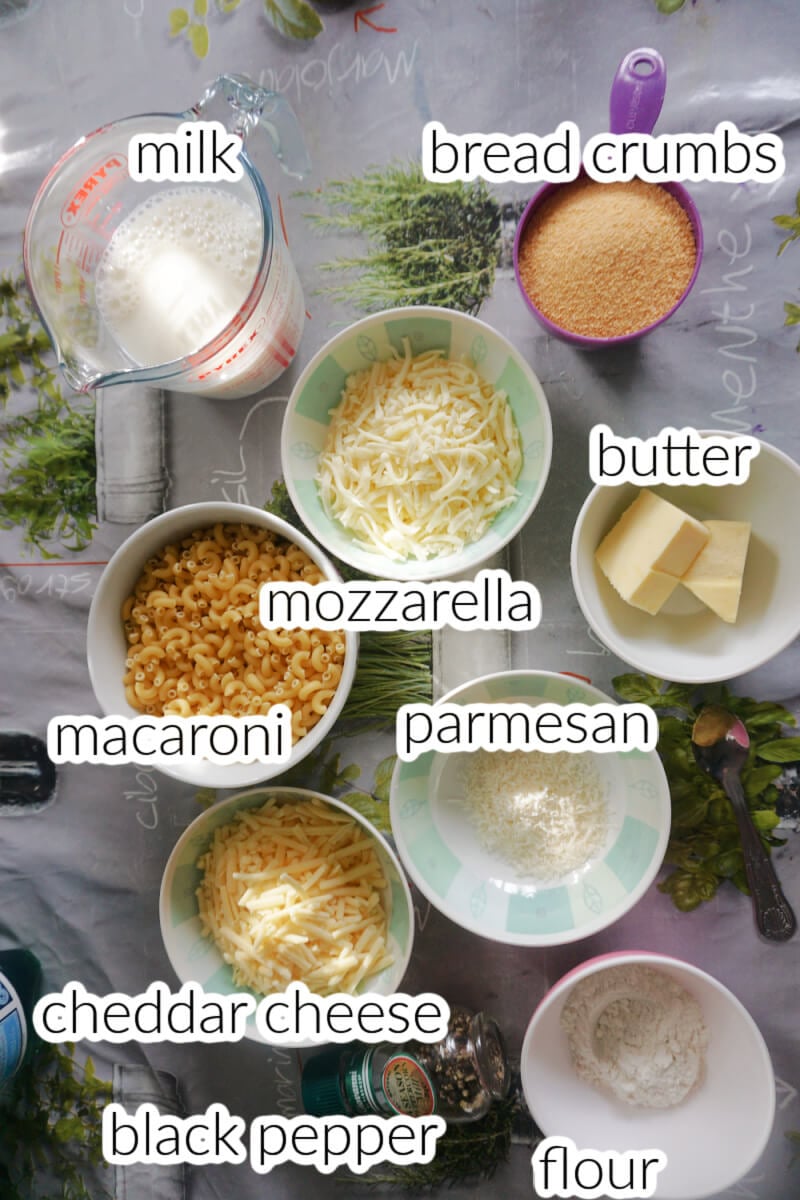 Ingredients needed to make mac and cheese.