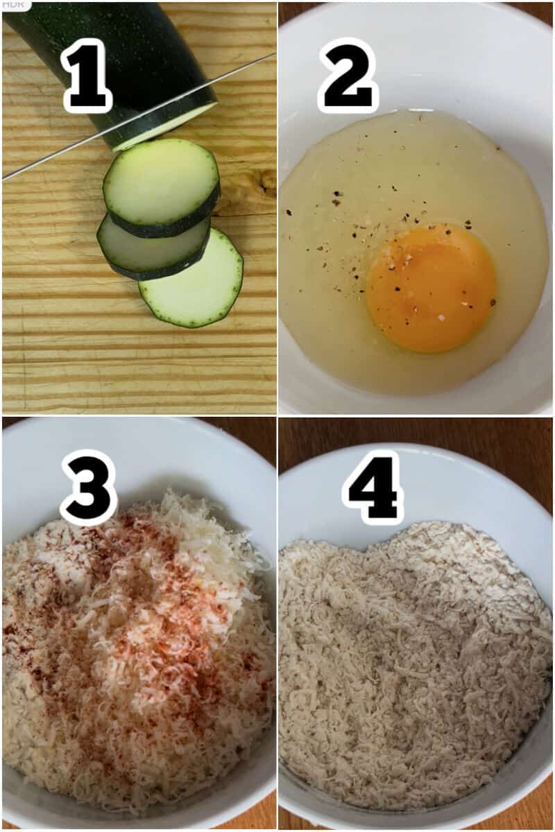 Collage of 4 photos to show how to do the prep for making zucchini chips.