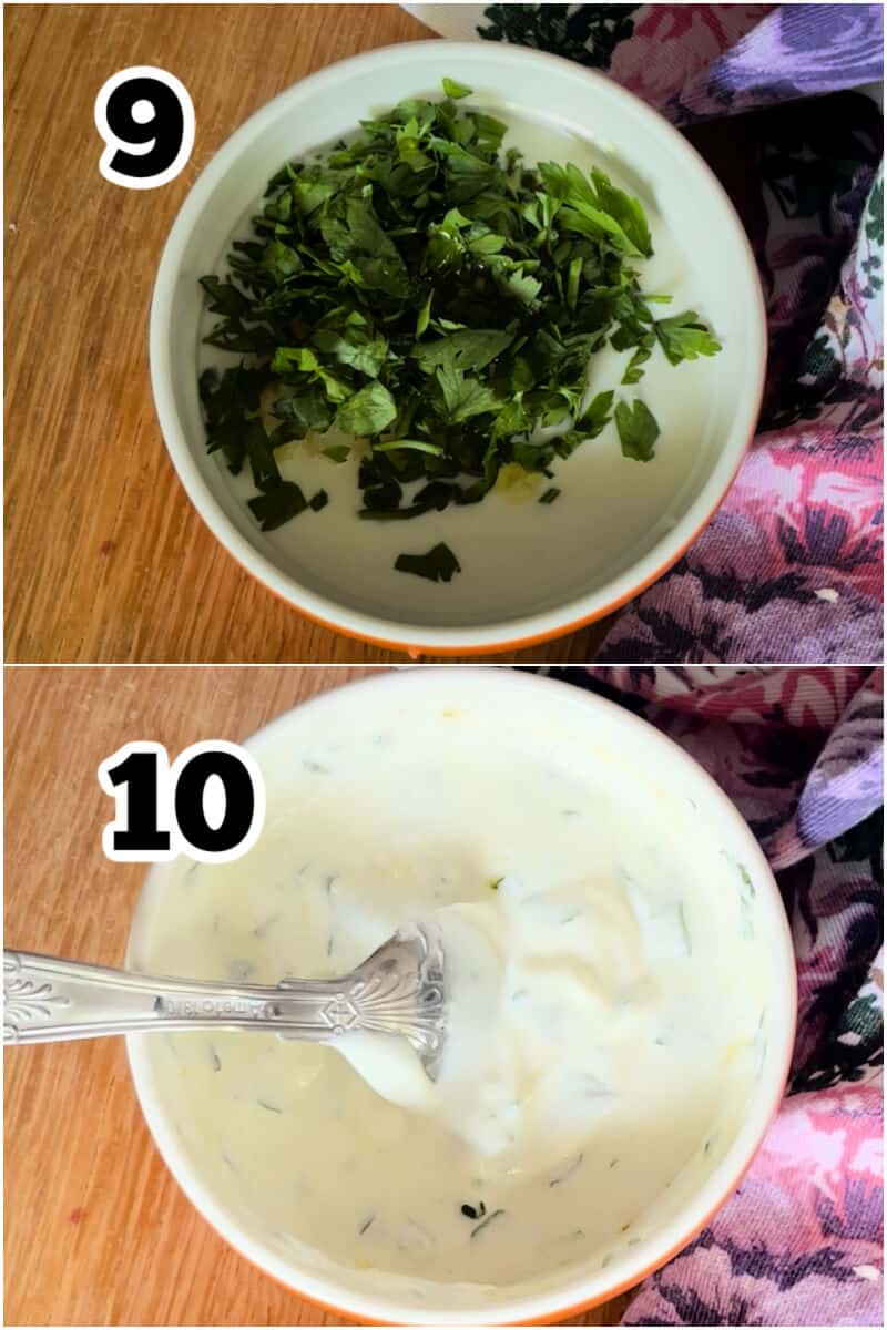 Collage of 2 photos to show how to make yogurt dip.