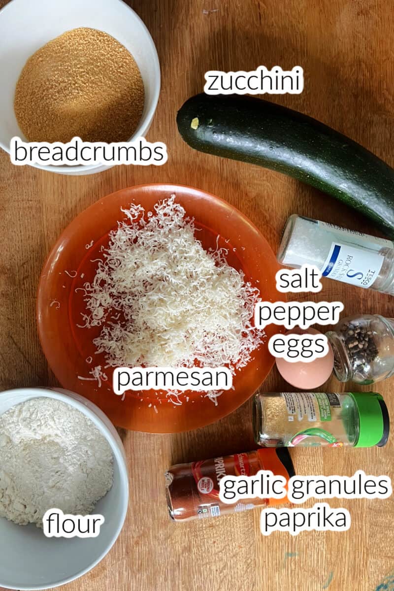 Ingredients used to make zucchini chips or courgette crisps.