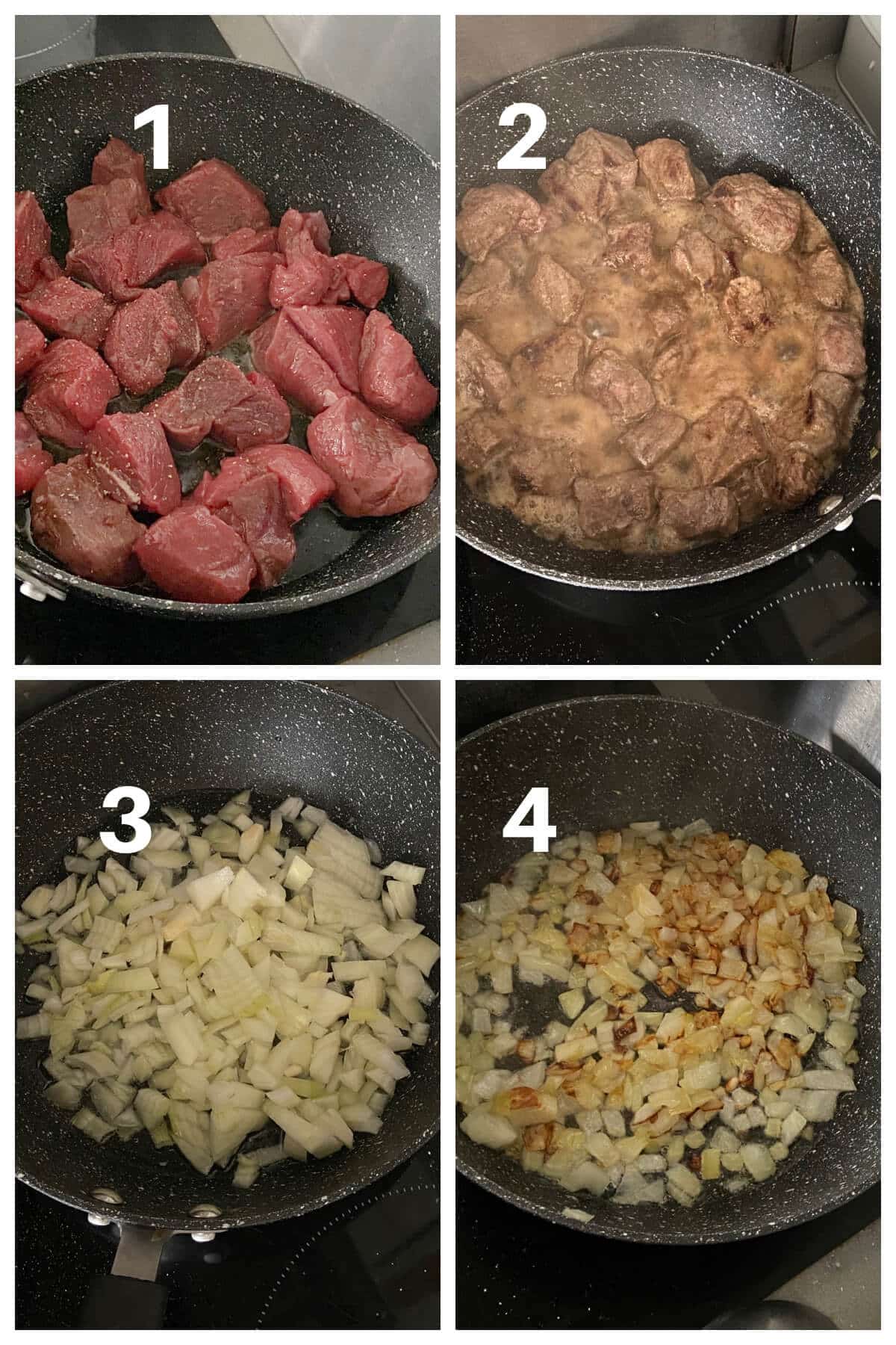 Collage of 4 photos to show how to make beef curry.