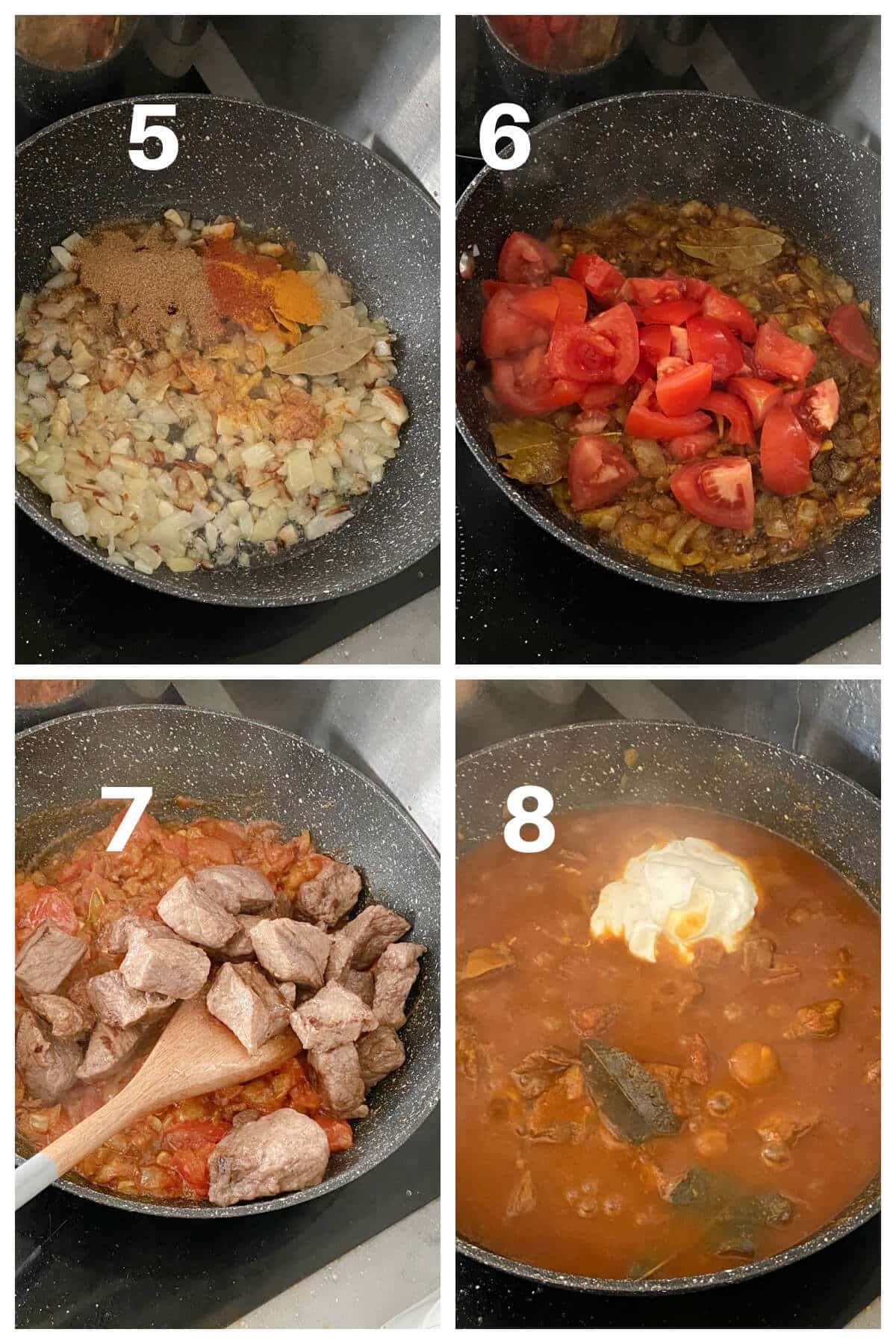 Collage of 4 photos to show how to make beef curry.