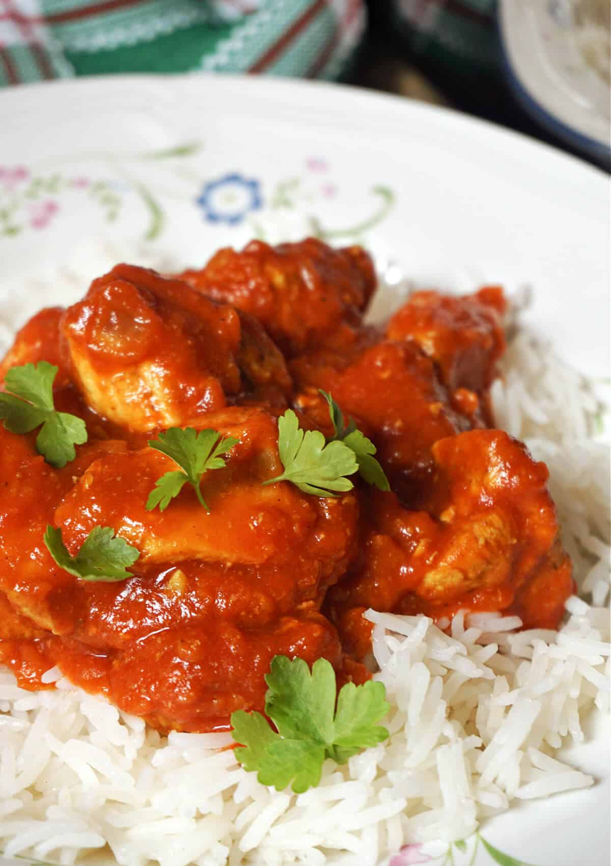 Chicken curry over a bed of rice in a white plate