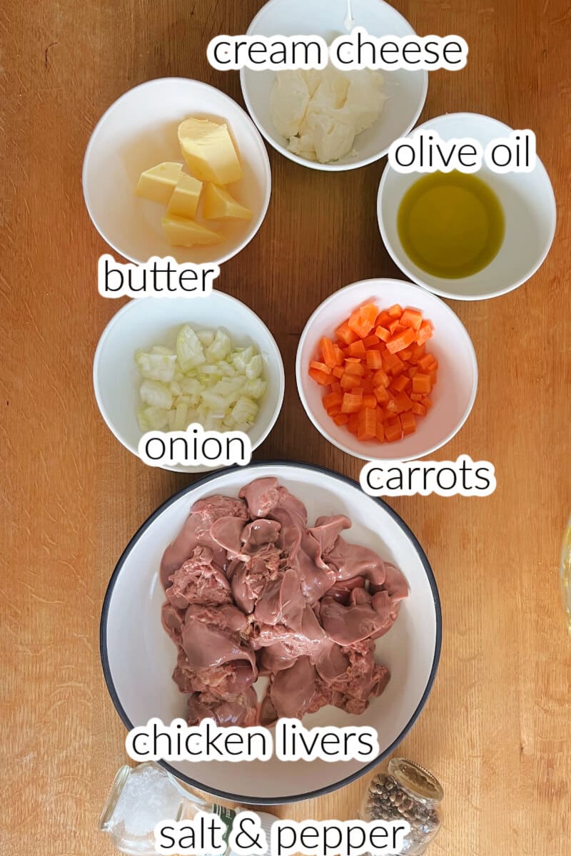 Ingredients used to make chicken liver pate.