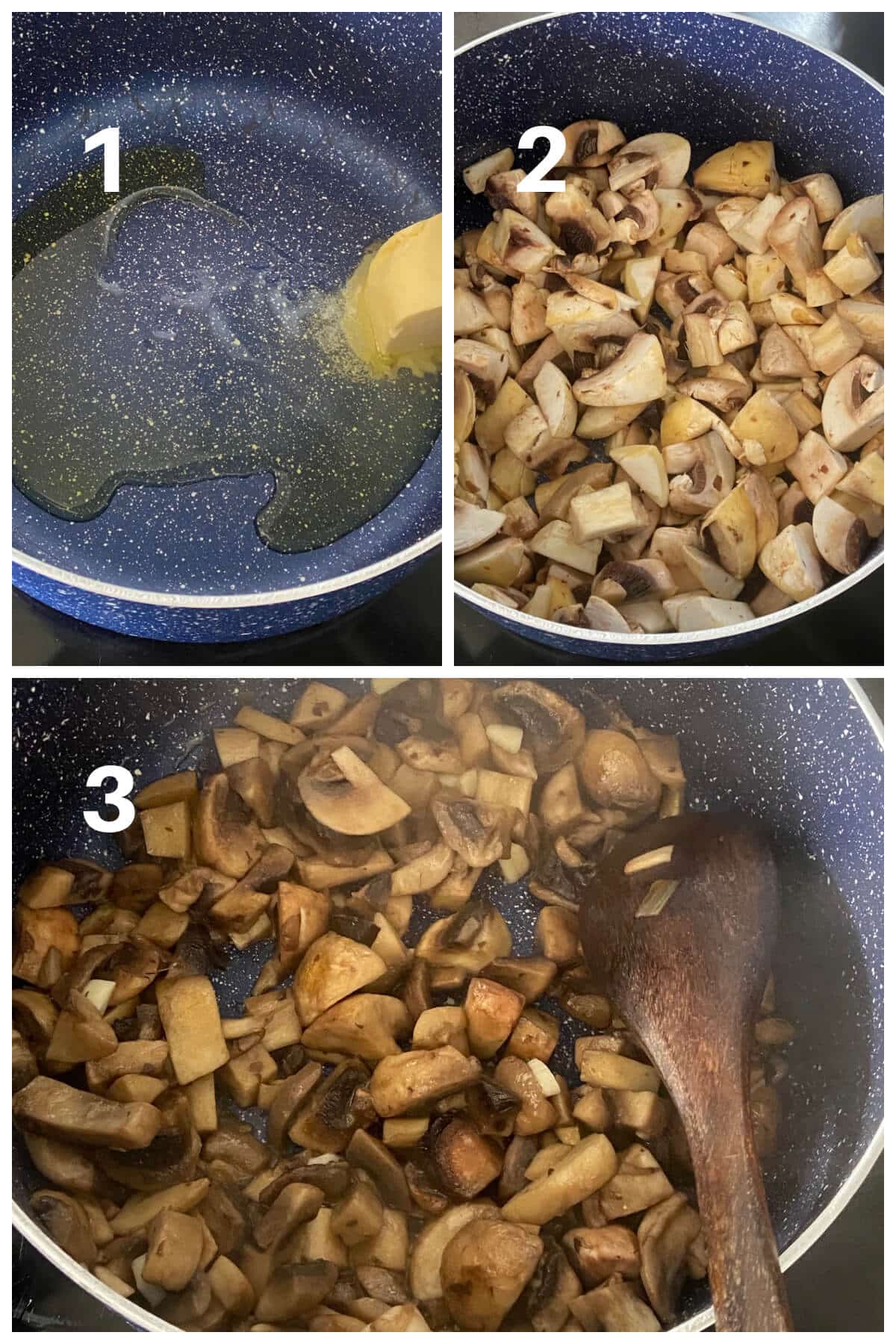 Collage of 3 photos to show how to cook the mushrooms for risotto.