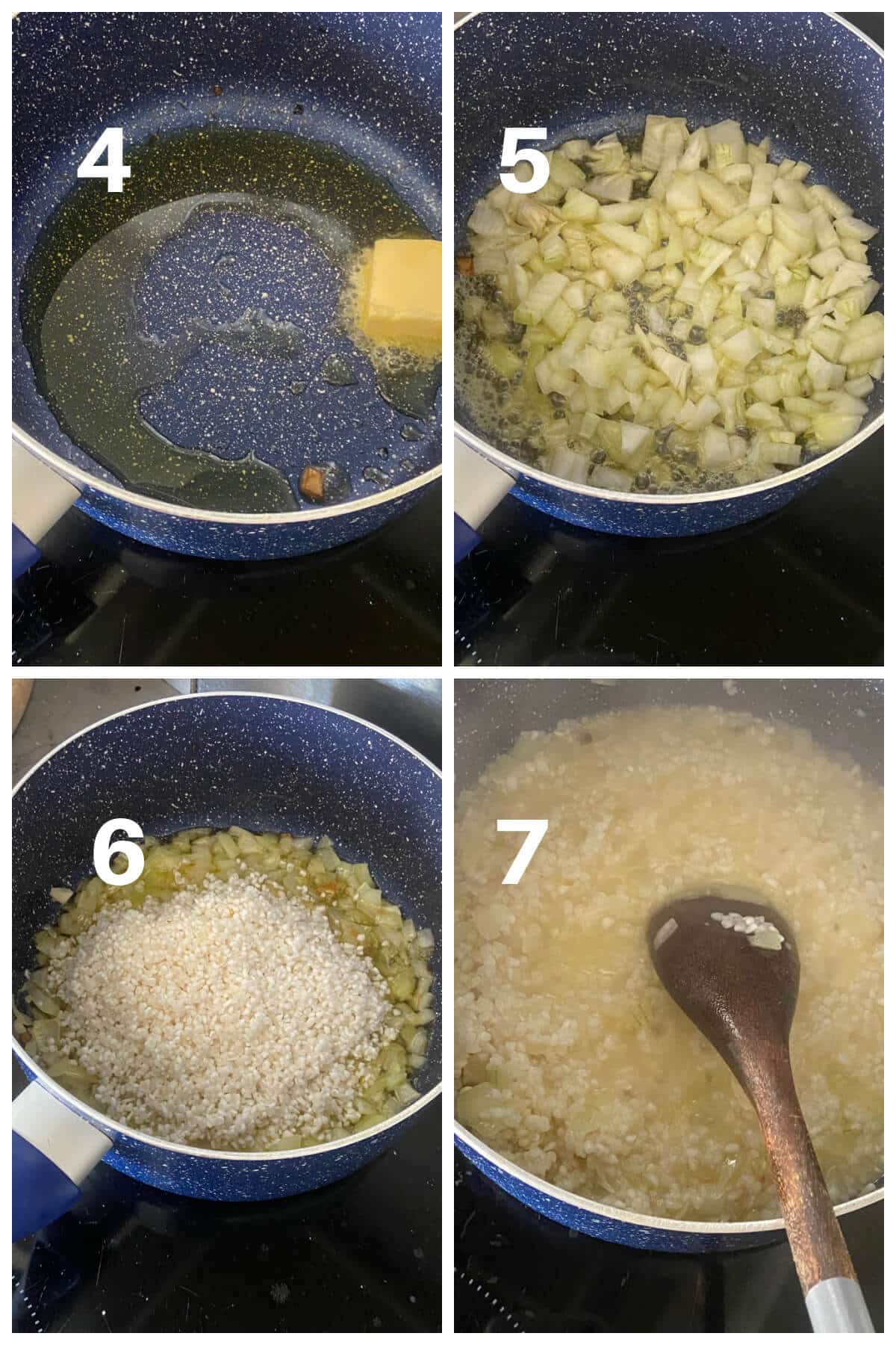 Collage of 4 photos to show how to make risotto.