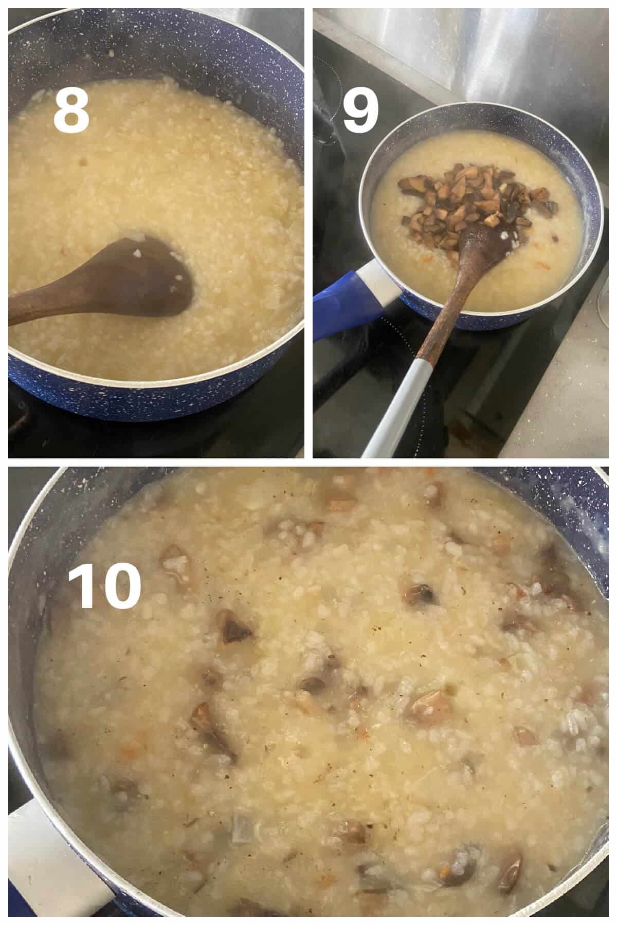 Collage of 4 photos to show how to make mushroom risotto.