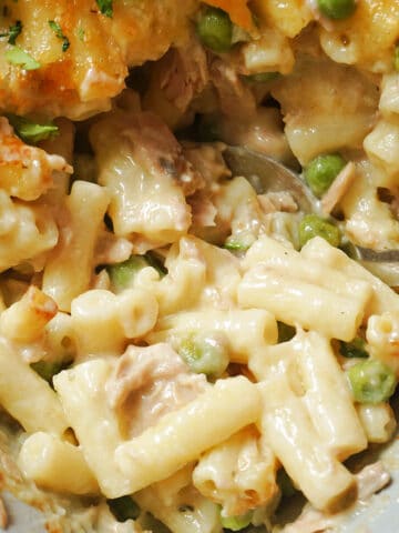 Close-up shoot of a dish with tuna pasta bake