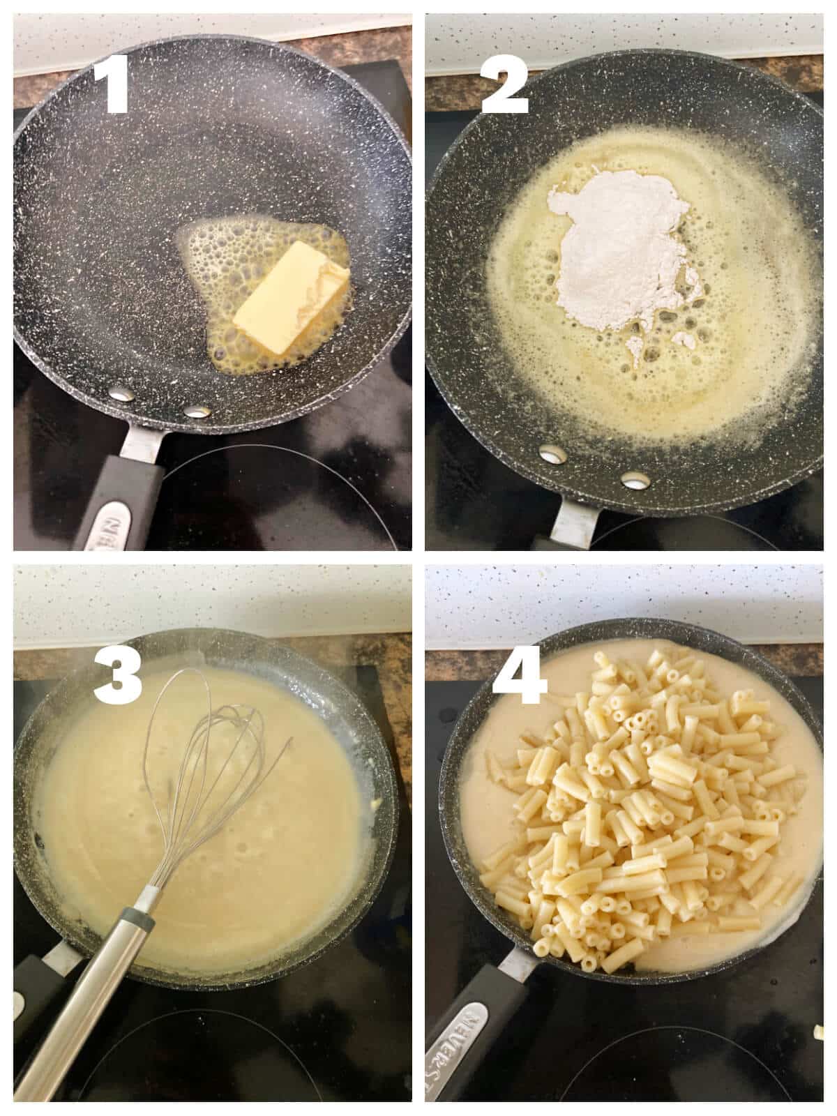 Collage of 4 photos to show how to make white sauce.