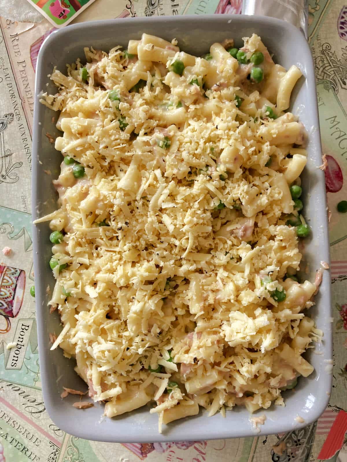 Overhead shoot of a dish with unbaked tuna casserole.