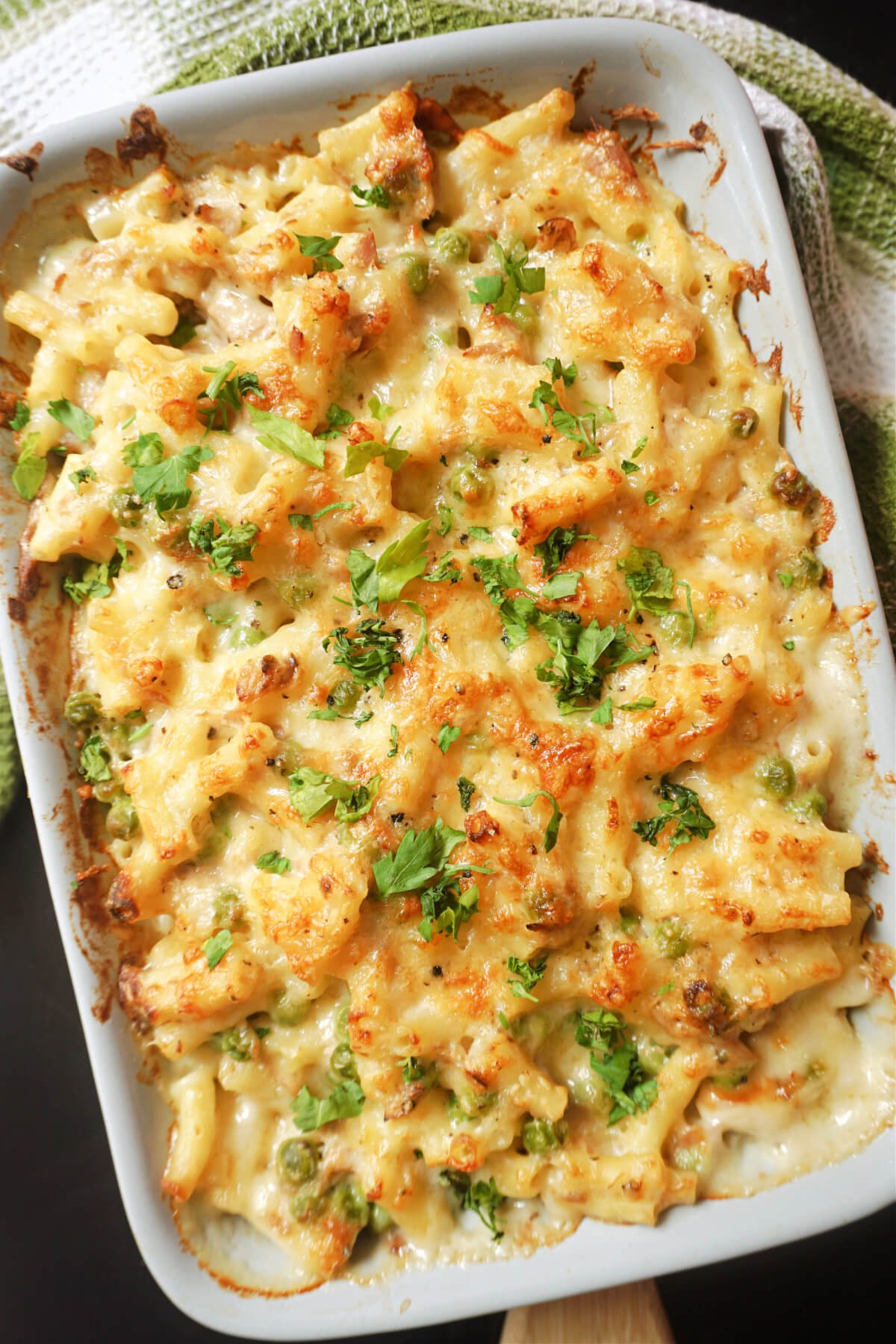 Overhead shoot of a dish with tuna pasta bake.