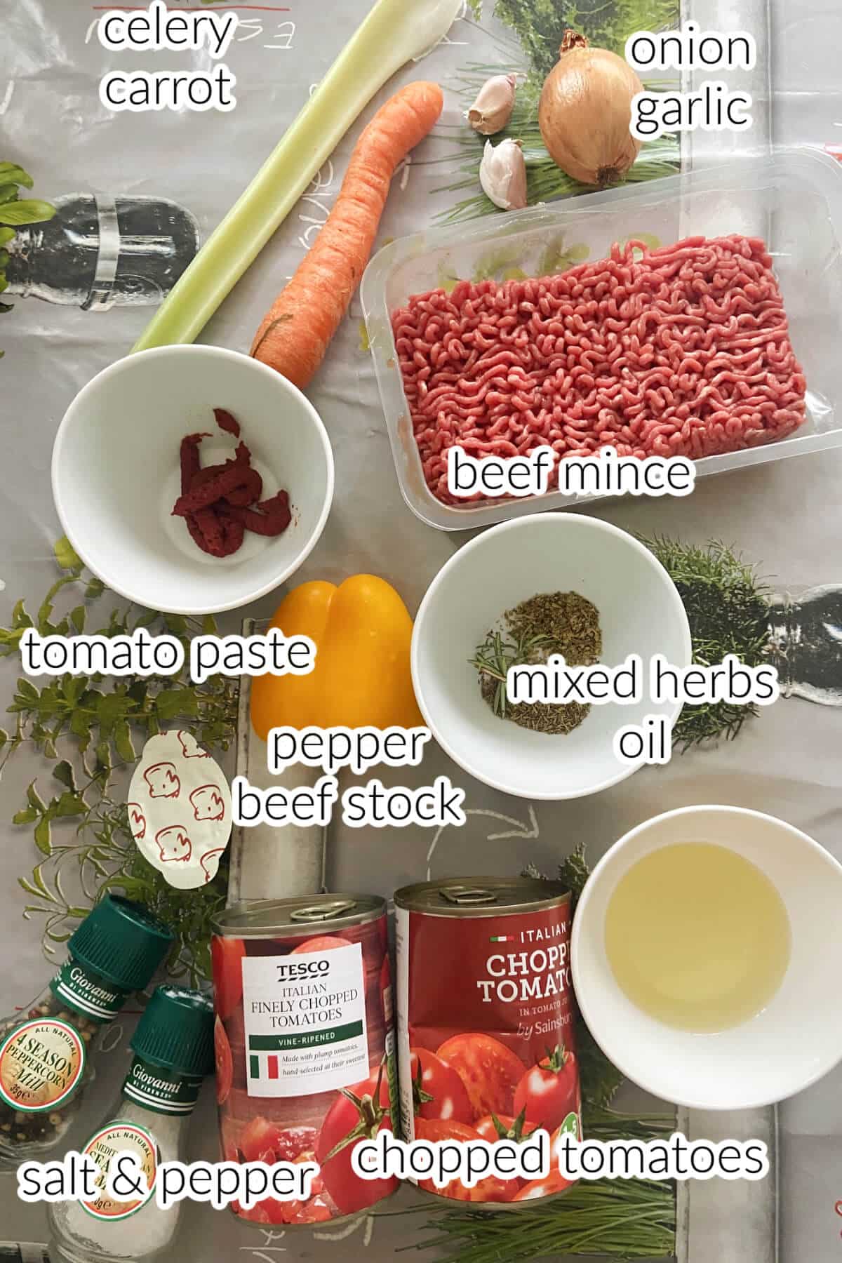 Ingredients needed to make bolgonese sauce.