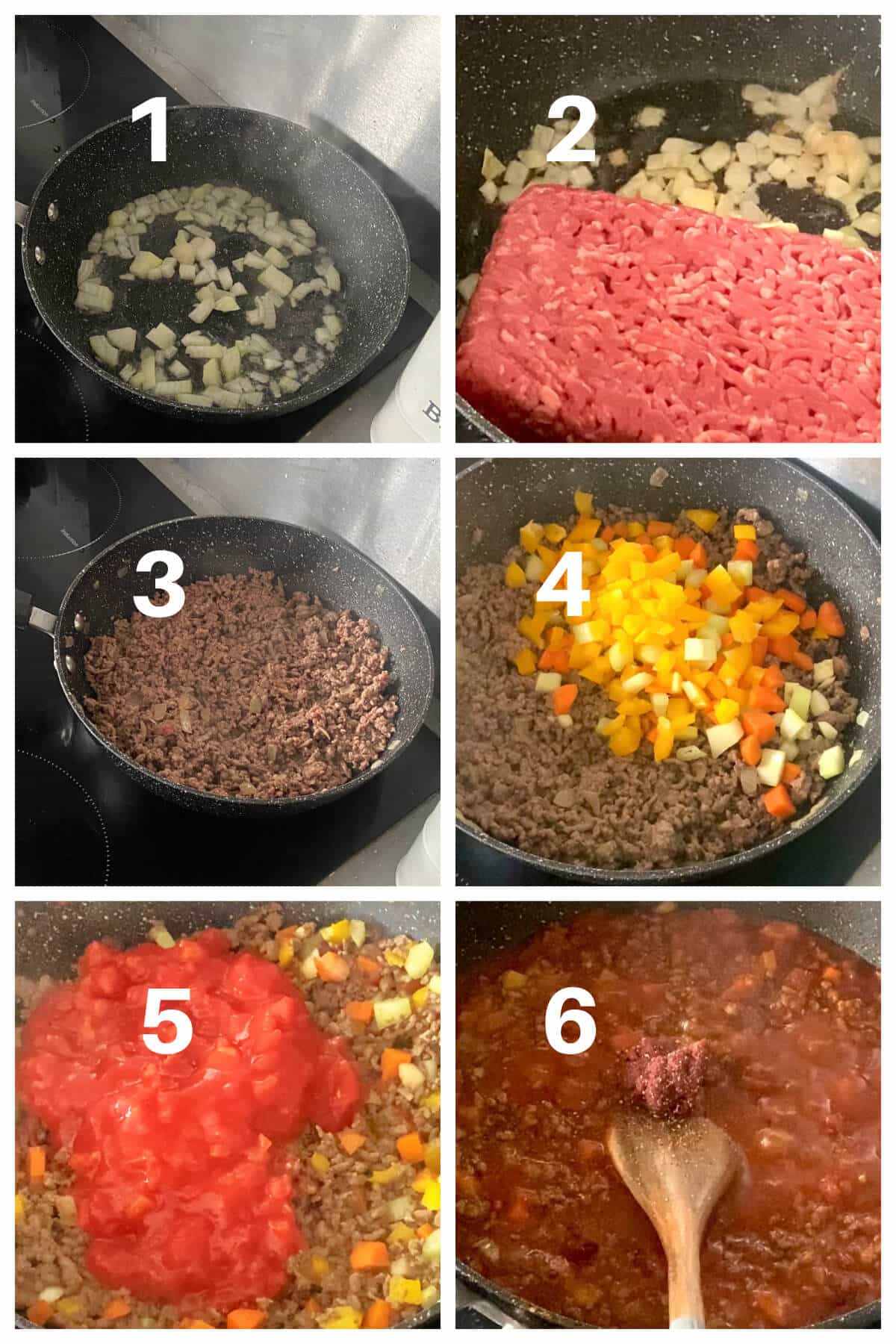 Collage of 6 photos to show how to make bolgonese sauce.