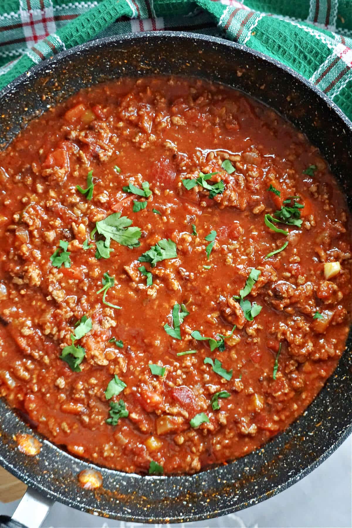 A pan with bolognese sauce.