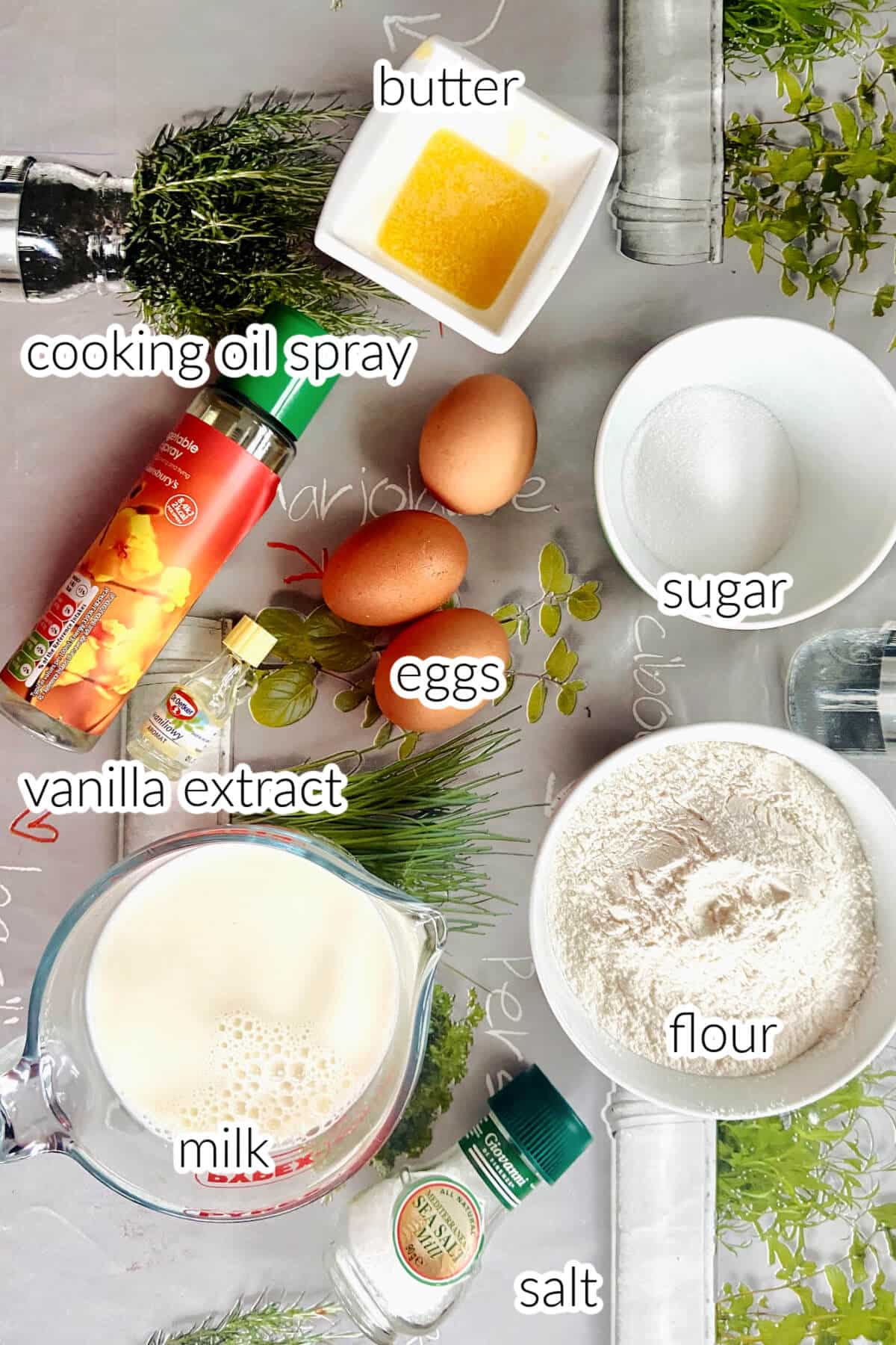 Ingredients needed to make crepes.