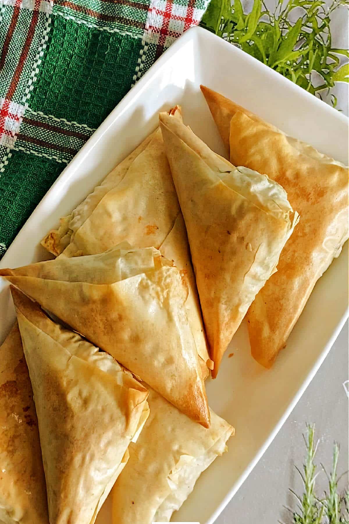 A white rectangle plate with Spanakopita triangles.