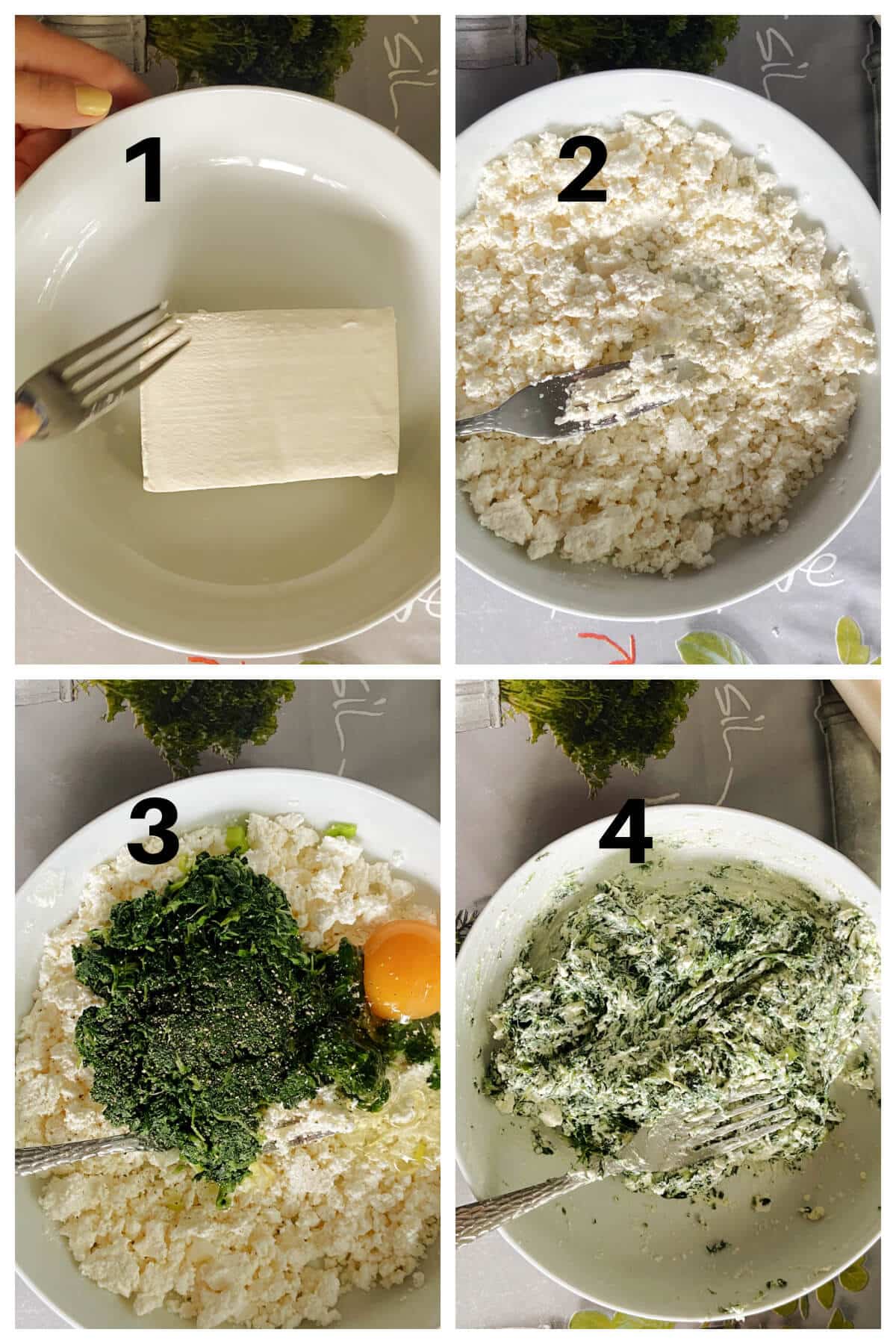 Collage of 4 photos to show how to make the filling for spanakopita triangles.