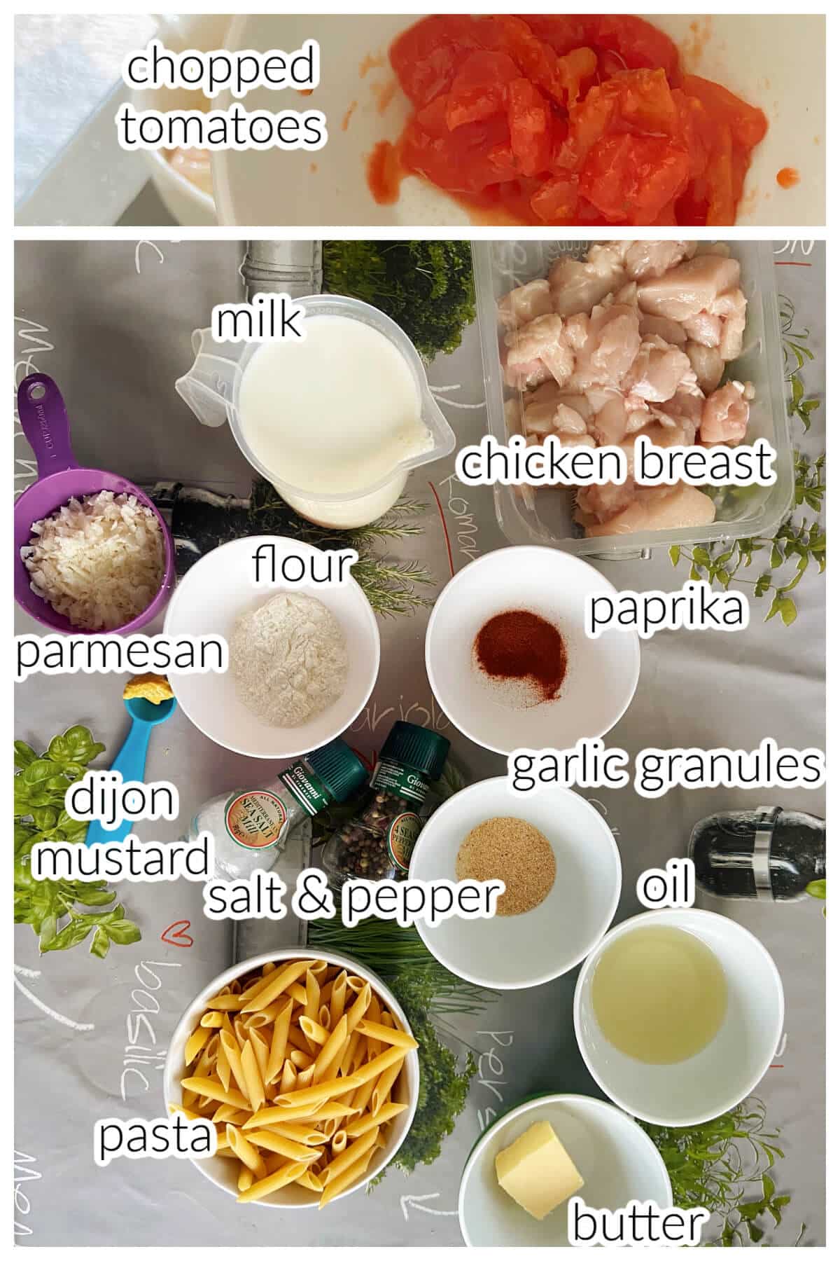 Ingredients needed to make chicken pasta.