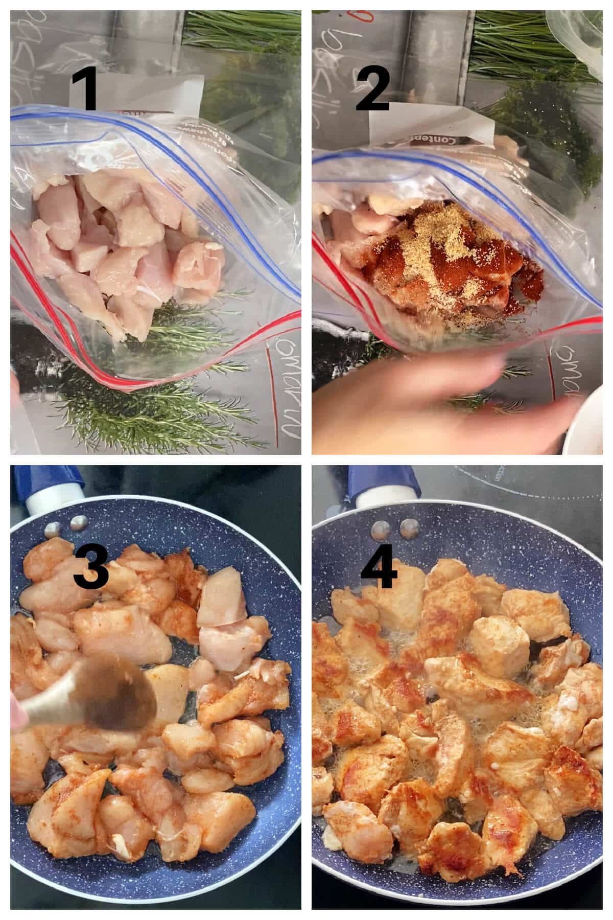 Collage of 4 photos to show how to cook chicken.
