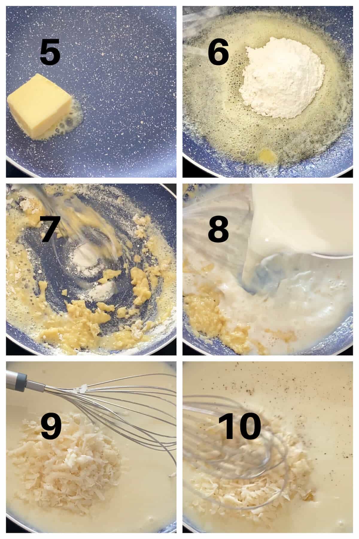 Collage of 6 photos to show how to make bechamel sauce.