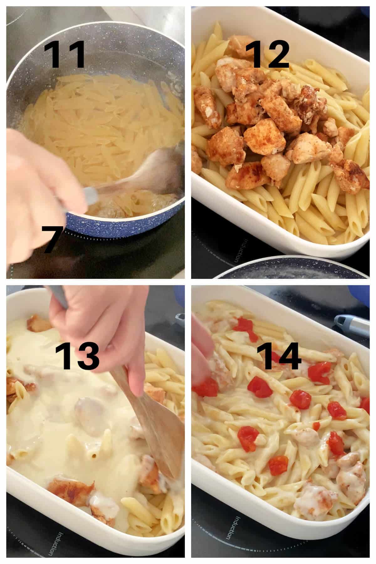 Collage of 4 photos to show how to put together the chicken pasta bake.