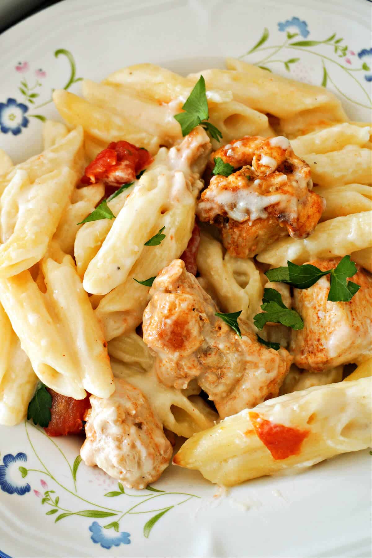 Close-up shoot of a white plate with chicken pasta.